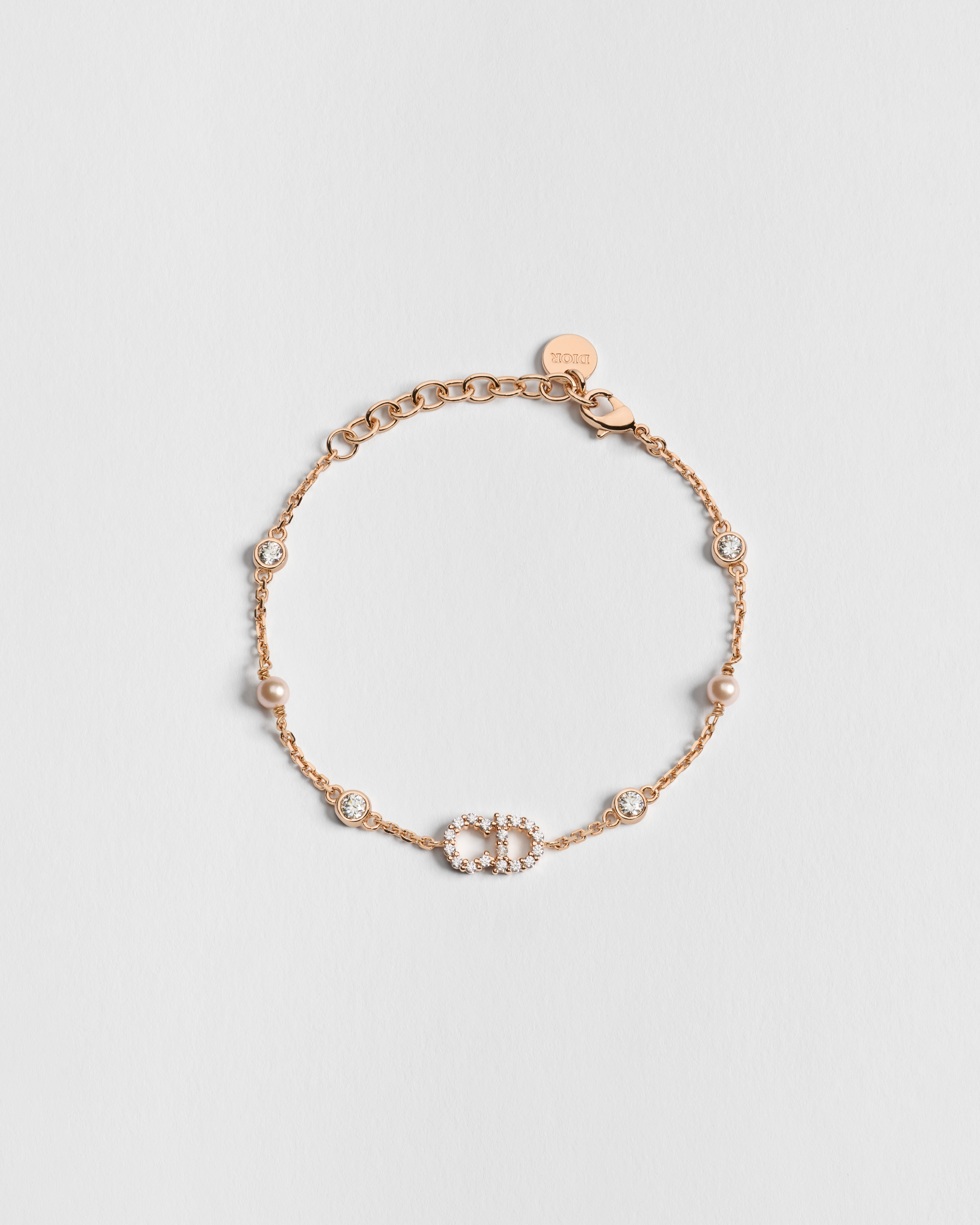 CD Signature Bracelet Pink-Finish Metal, Iridescent Pink Resin Pearls and Sparkling Crystals E01
