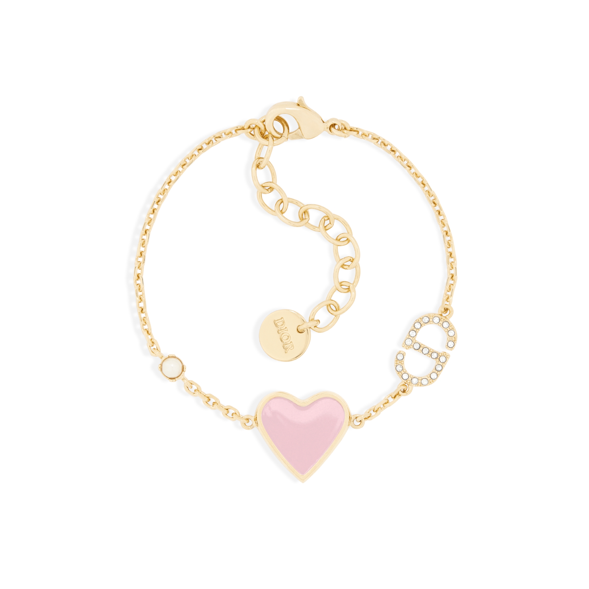 Dioramour 팔찌 골드 피니시 메탈 & 화이트 레진 진주, 실버 톤 크리스탈, 마카롱 핑크 래커 E01