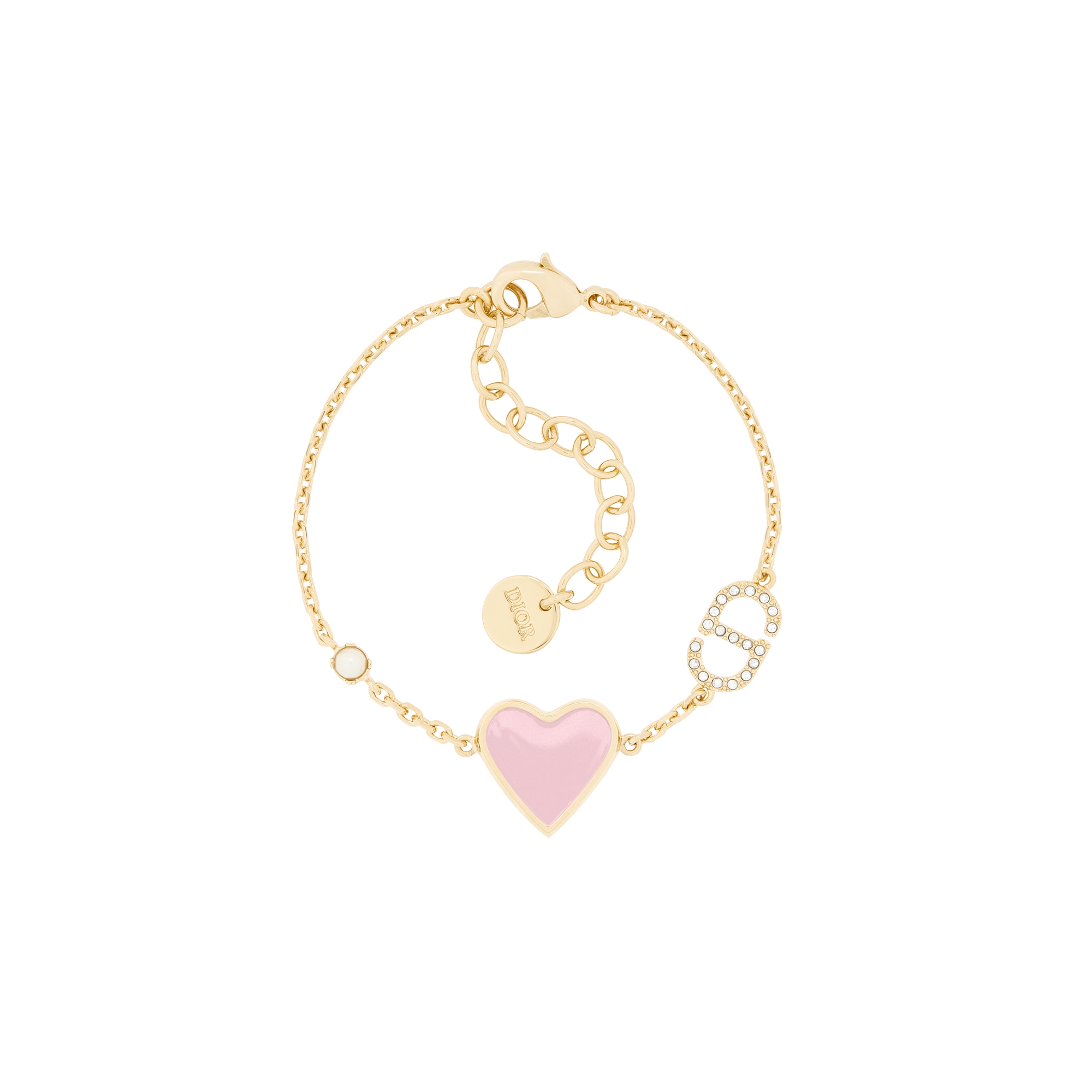 Dioramour Bracelet Gold-Finish Metal, White Resin Pearl, Silver-Tone Crystals and Macaron Pink Lacquer E01