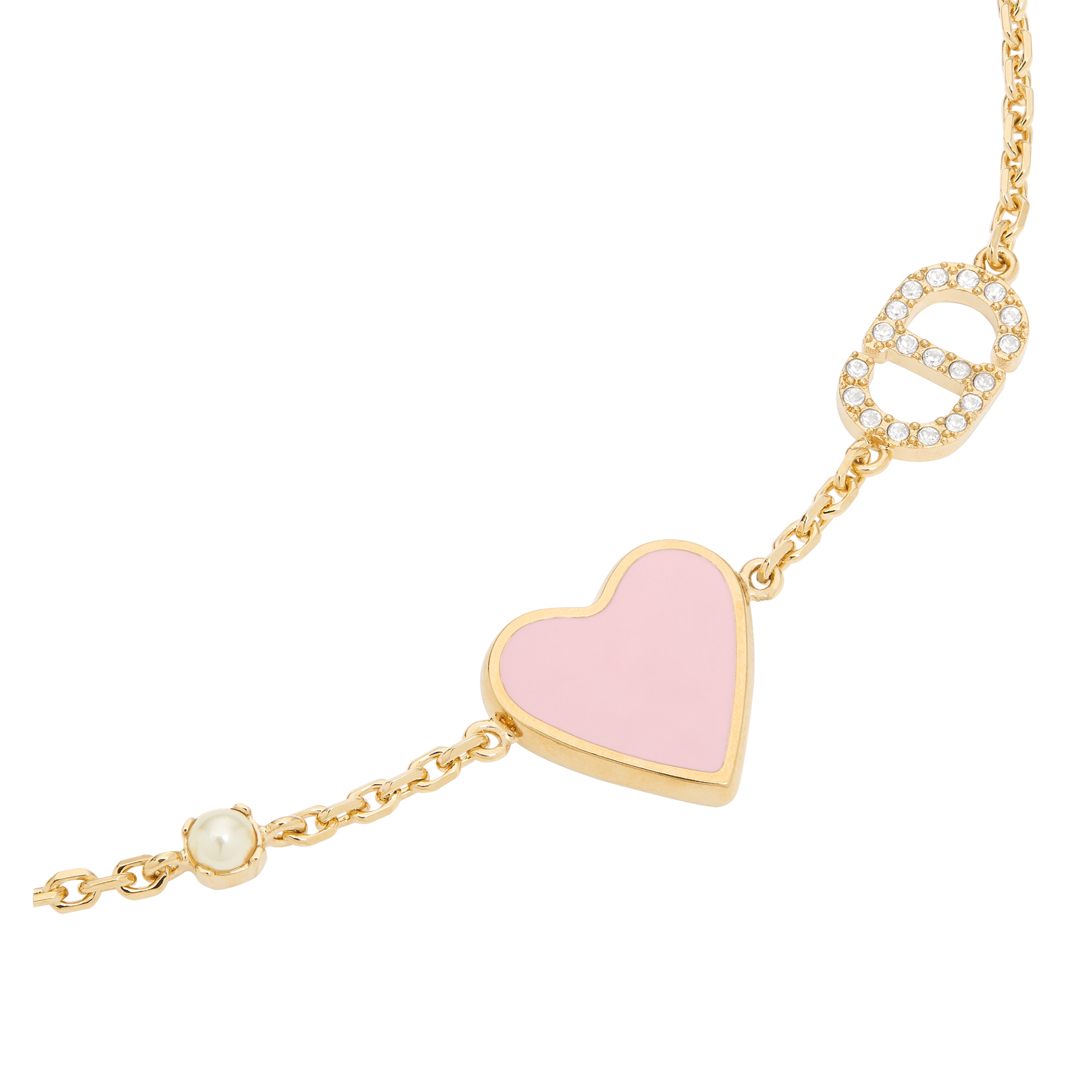 Dioramour Bracelet Gold-Finish Metal, White Resin Pearl, Silver-Tone Crystals and Macaron Pink Lacquer E09