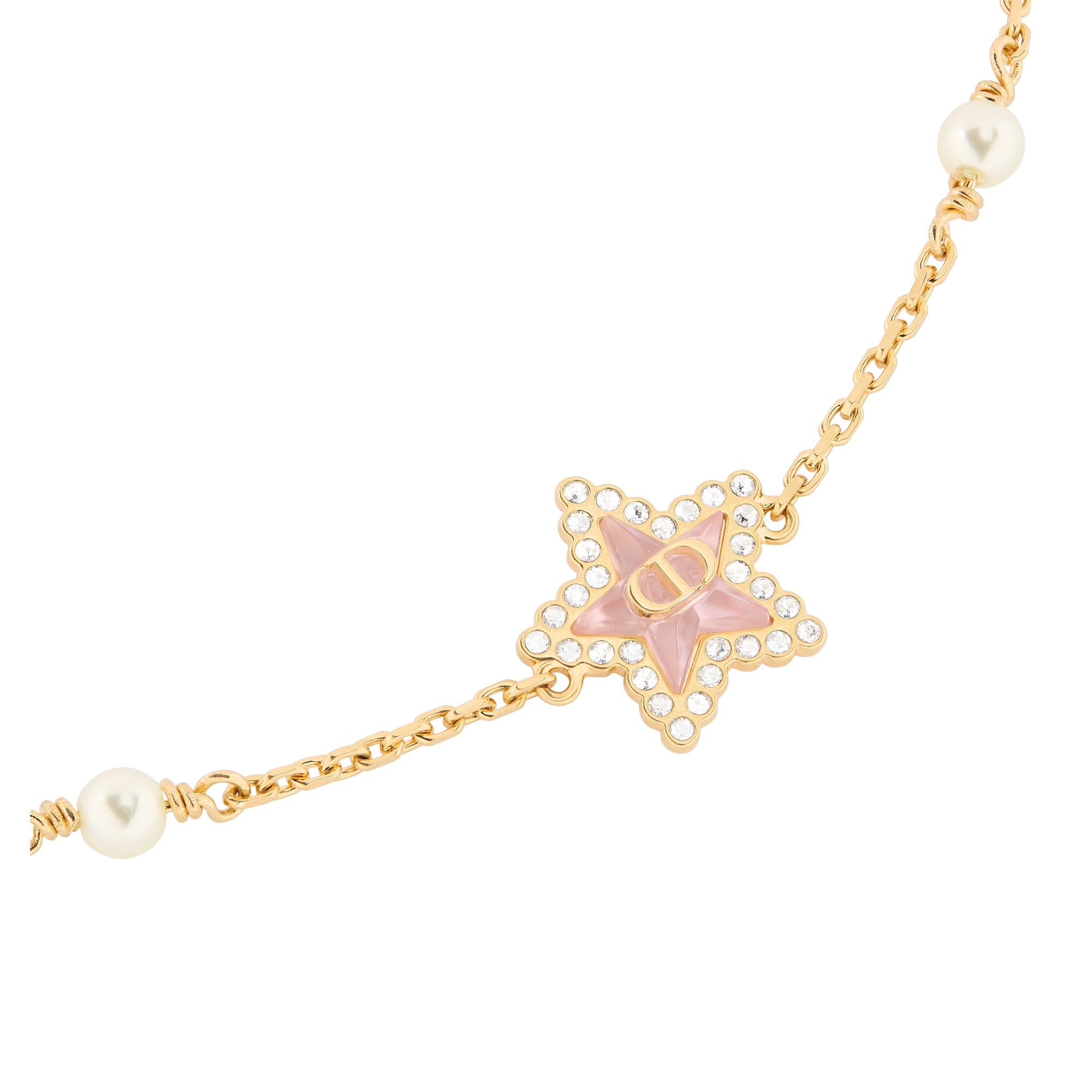 Petit CD Lucky Baroque Bracelet Gold-Finish Metal, White Resin Pearls, Silver-Tone Crystals and Macaron Pink Glass E09