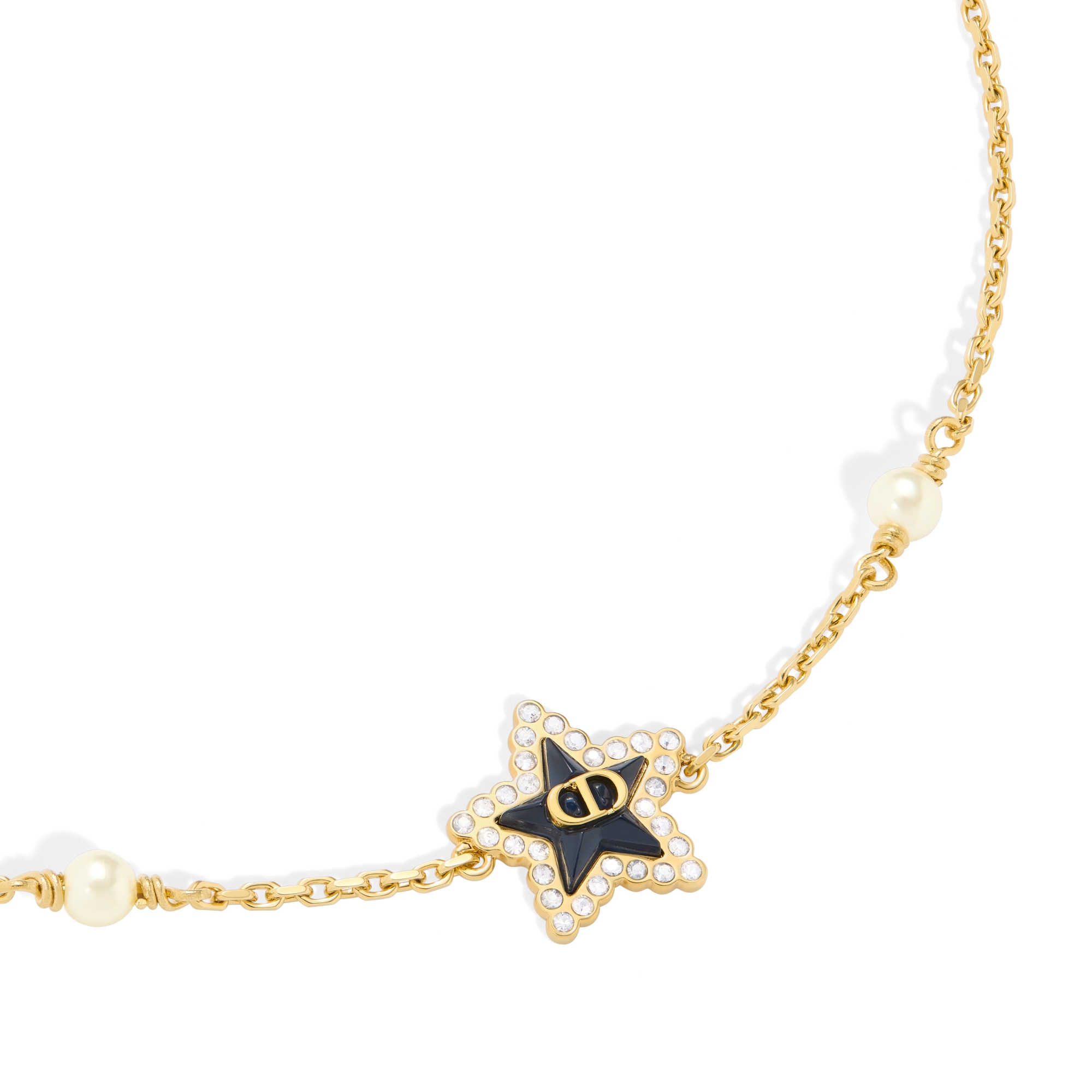 Bracelet Petit CD Lucky Baroque Métal finition dorée, perles en résine blanche, cristaux argentés et verre bleu océan E09