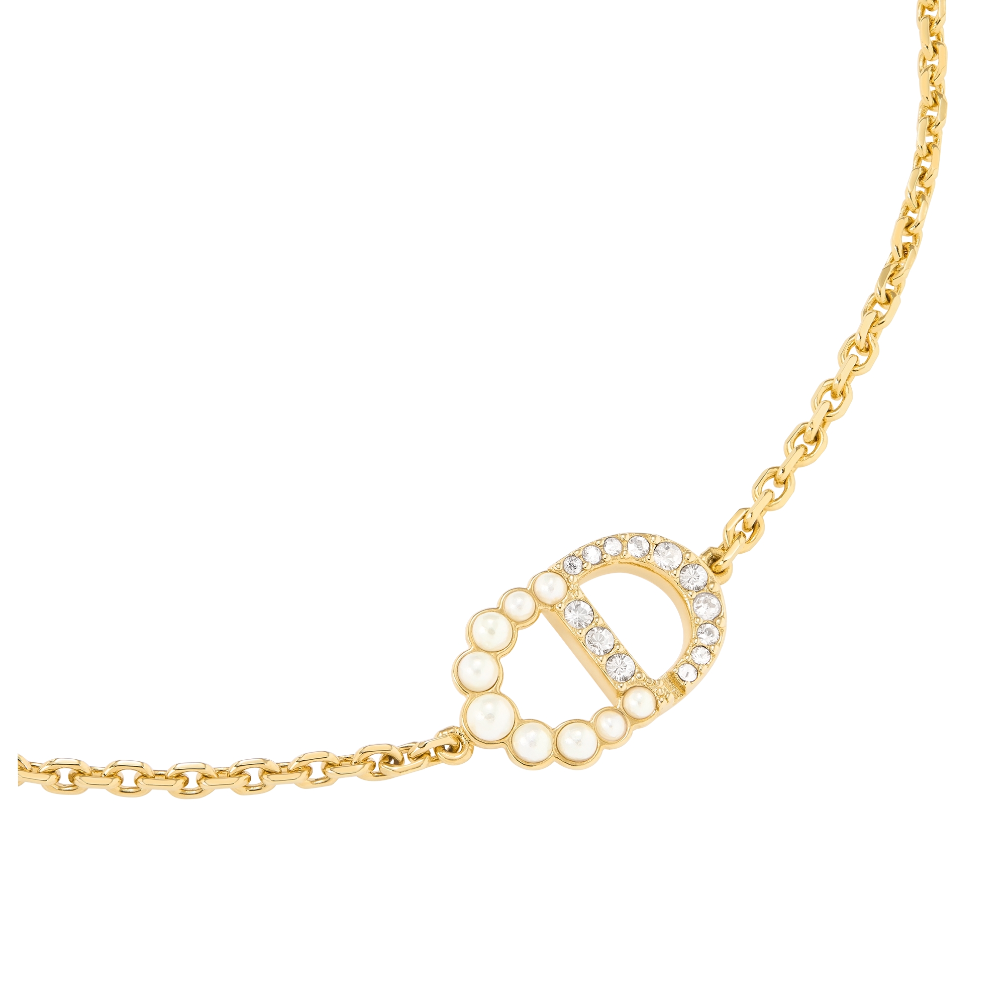 Petit CD Duo Bracelet Gold-Finish Metal, White Resin Pearls and Sparkling Crystals E09