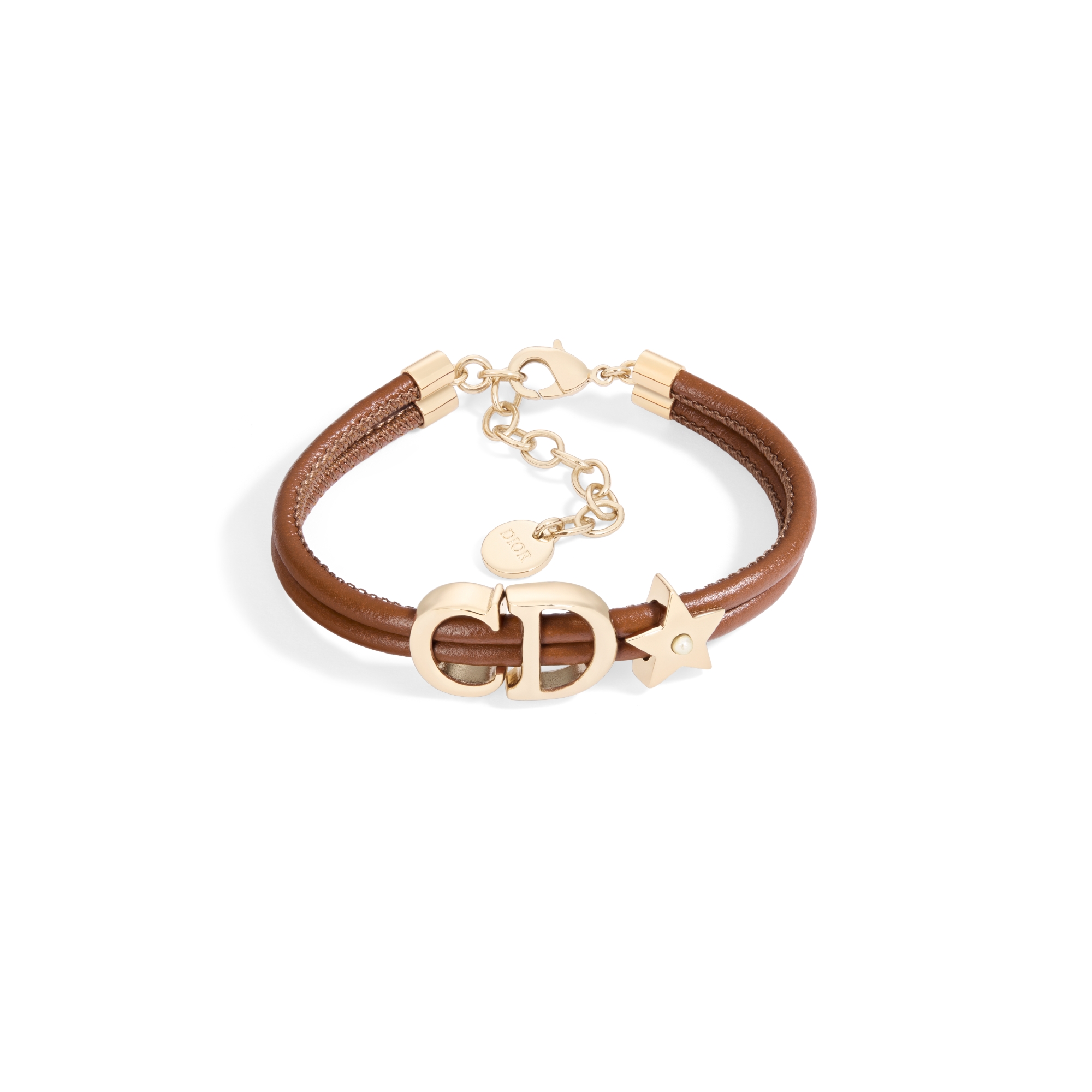 Pulsera Dior Saddle de piel Metal dorado, piel de cordero marrón coñac y abalorios de resina blancos E01