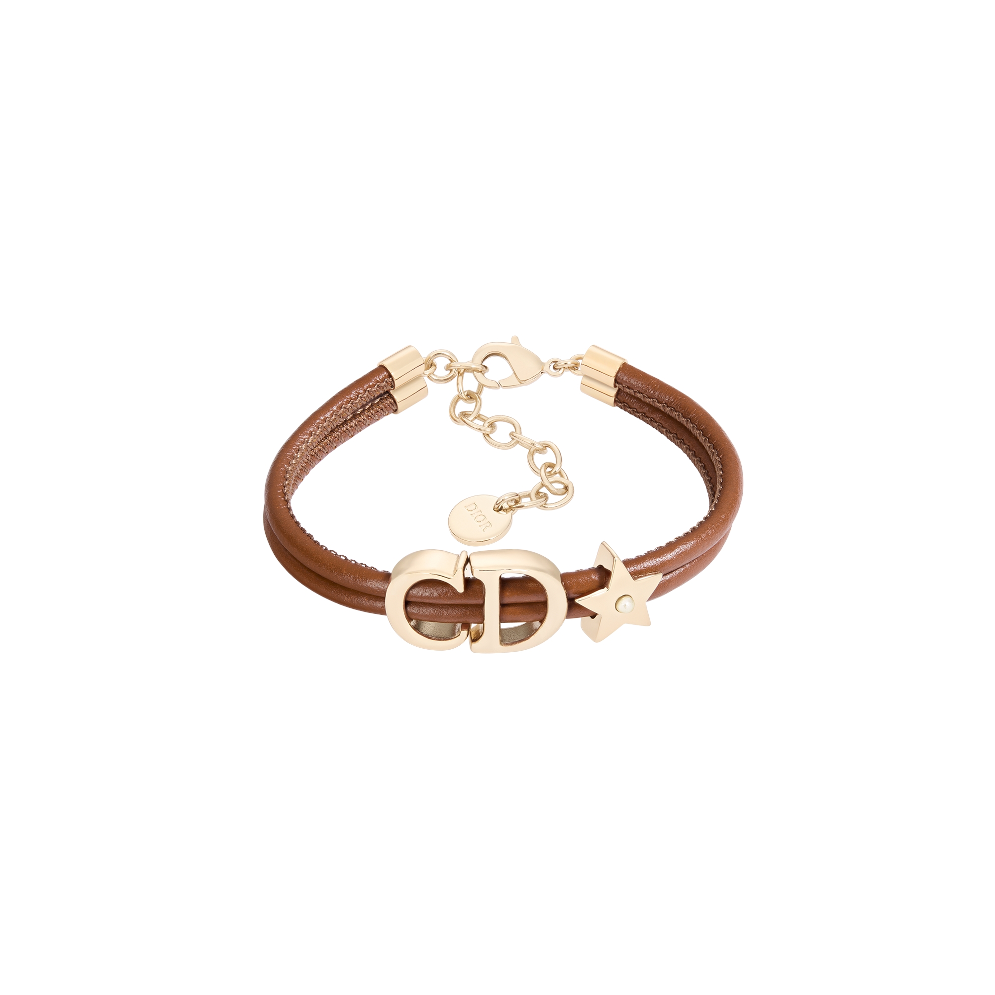  Gold-Finish Metal, Cognac Brown Lambskin and White Resin Pearls