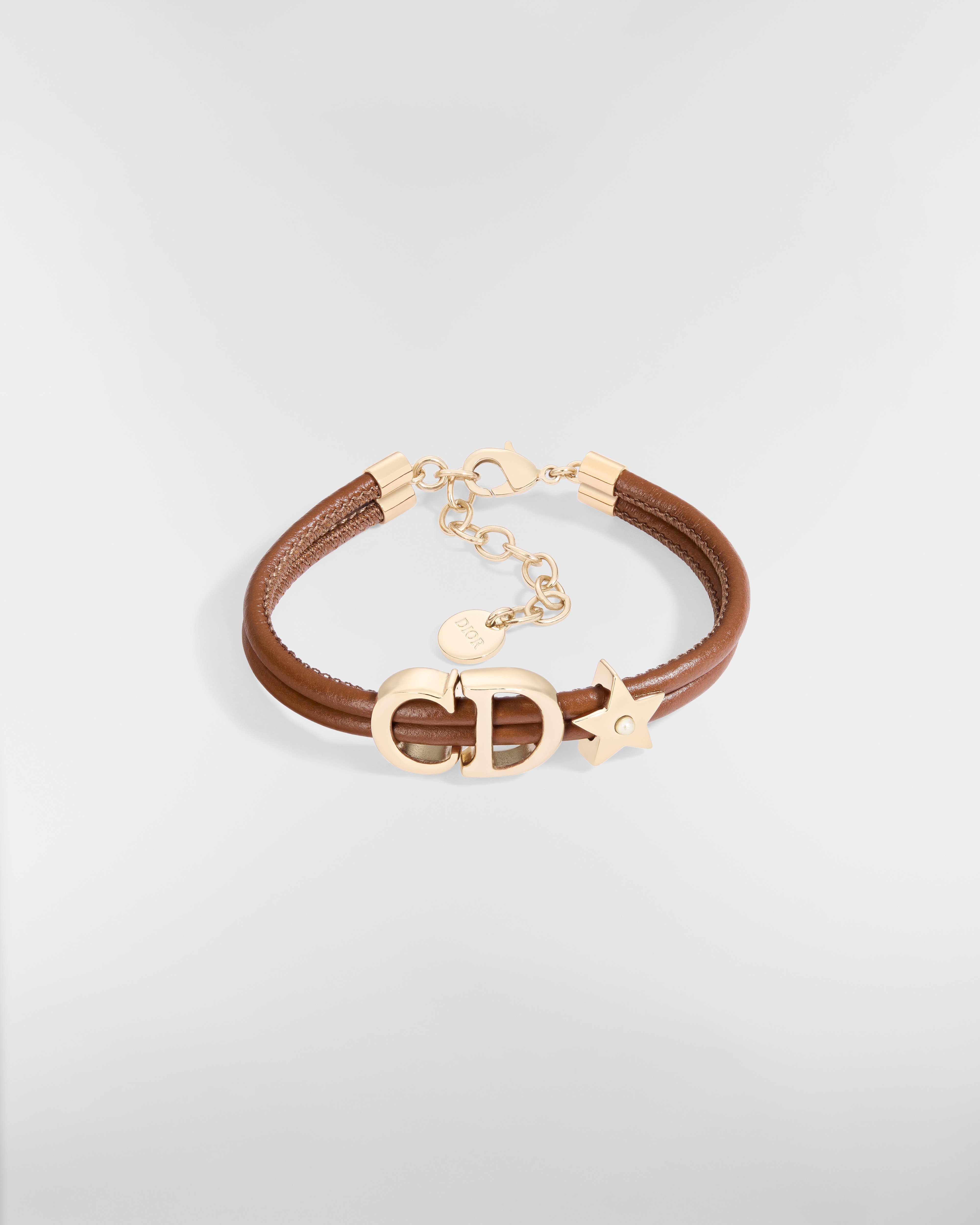 Dior Saddle Leather Bracelet Gold-Finish Metal, Cognac Brown Lambskin and White Resin Pearls E01