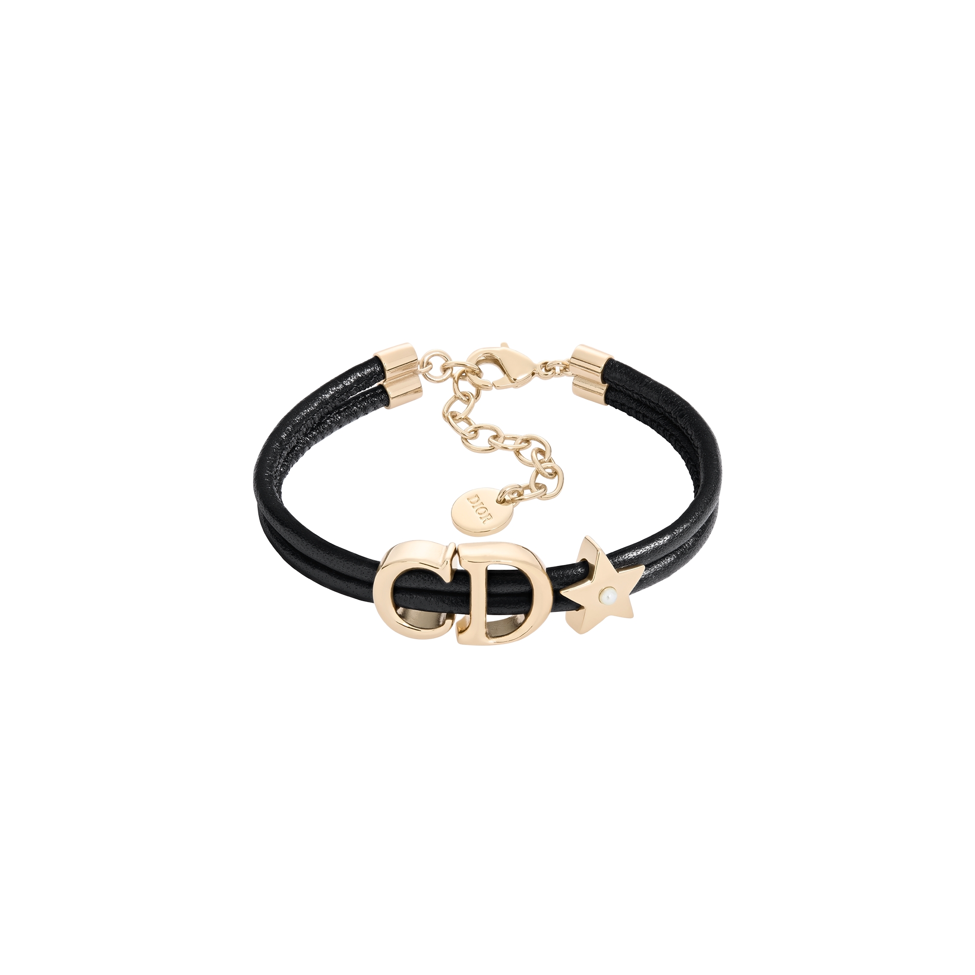  Metal dorado, piel de cordero negra y abalorio de resina blanco