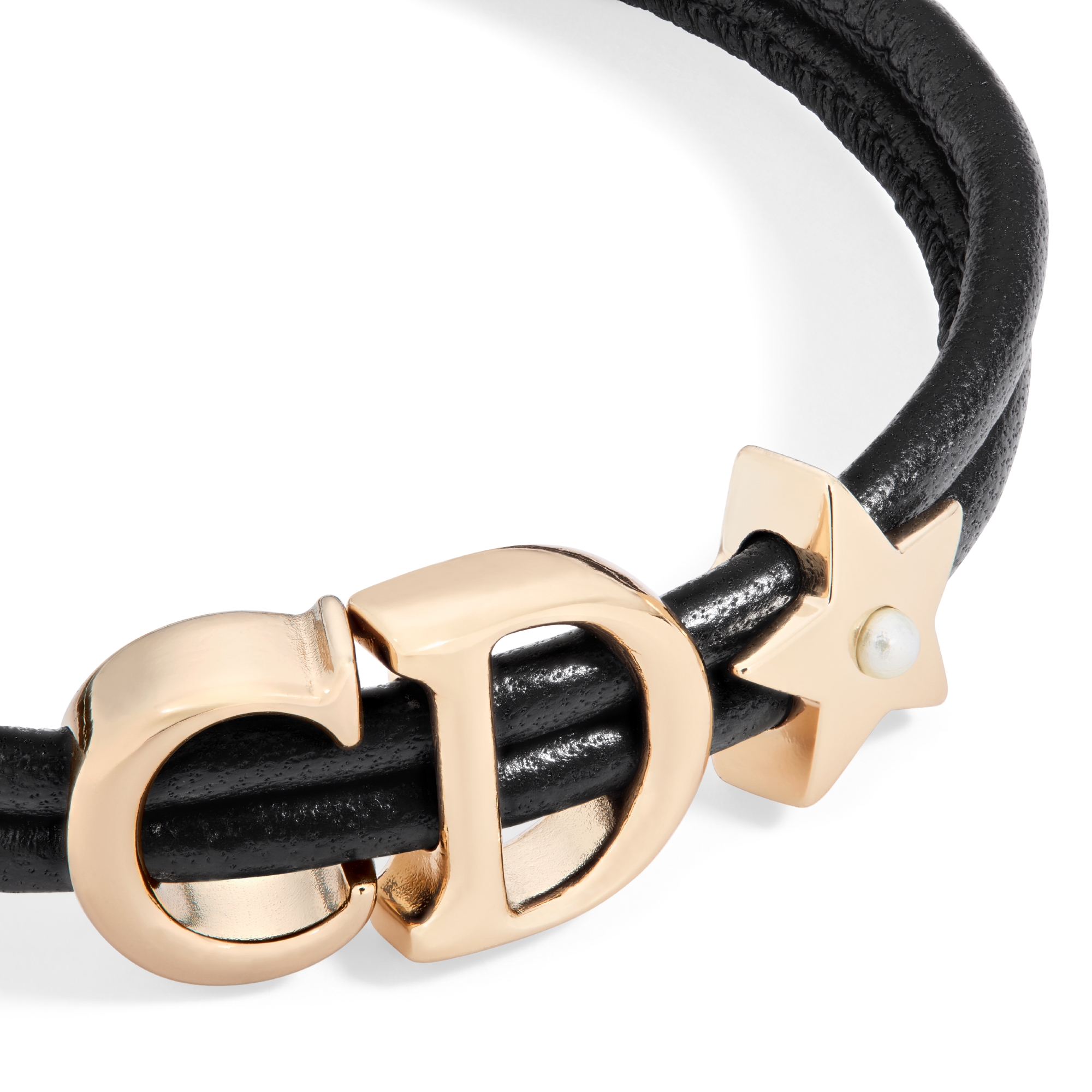 Pulseira Dior Saddle em couro Metal com acabamento dourado, pele de cordeiro preta e pérola de resina branca E09