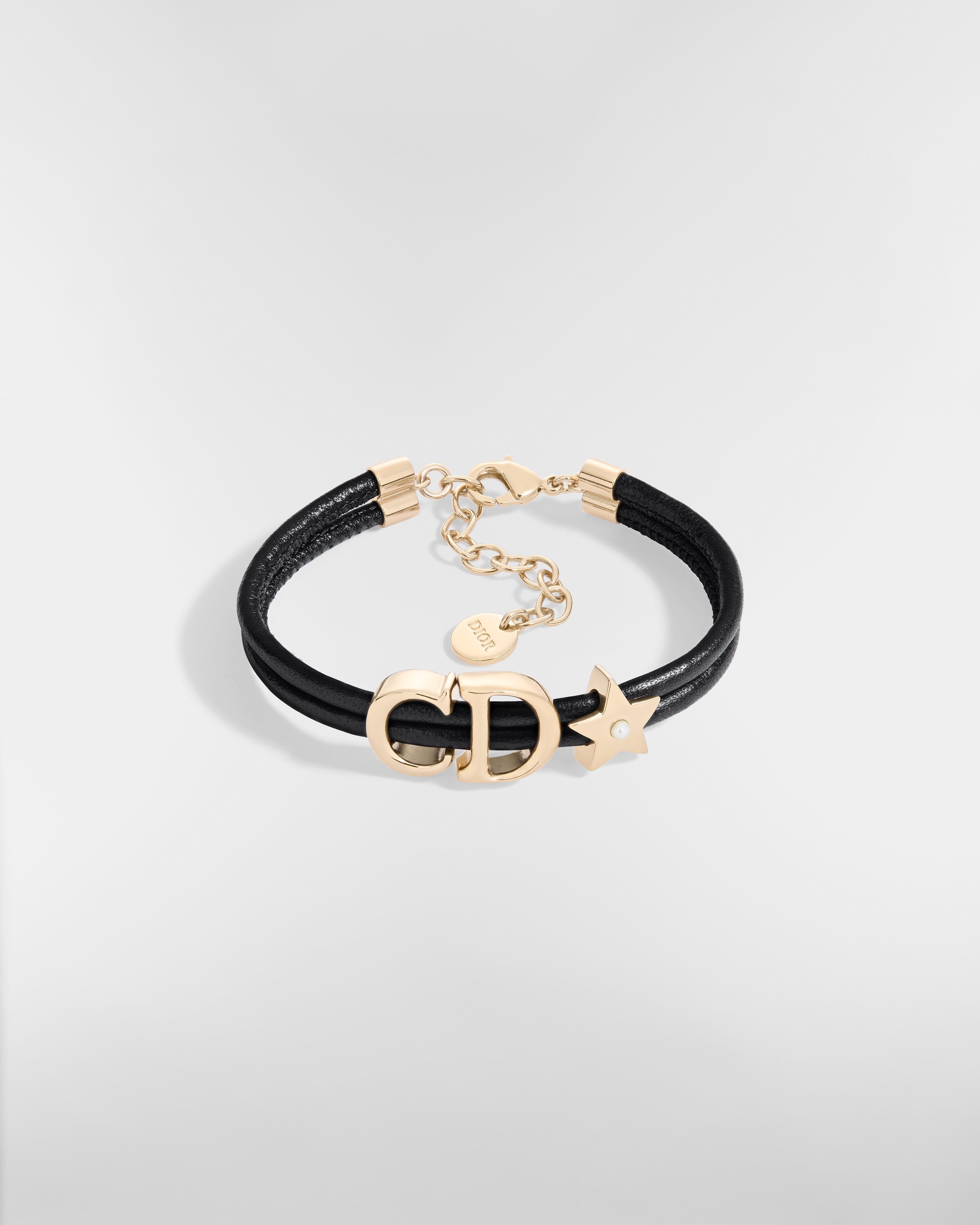 Dior Saddle Leather Bracelet Gold-Finish Metal, Black Lambskin and White Resin Pearl E01