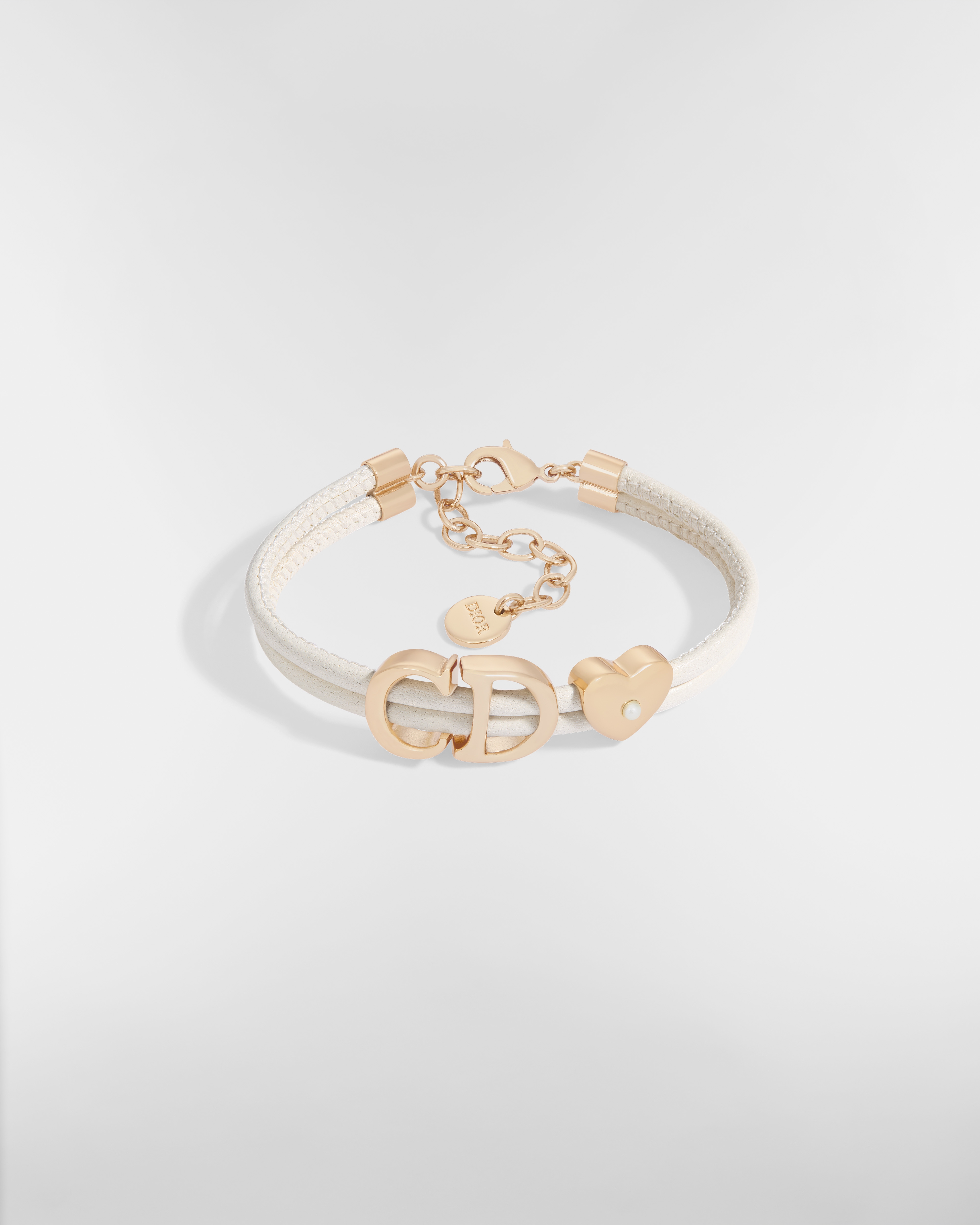 Dior Saddle Leather Bracelet Gold-Finish Metal, Latte Lambskin and White Resin Pearls E01