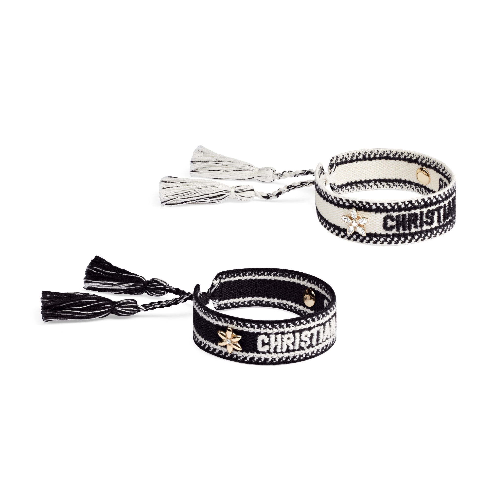 Christian Dior Bracelet Set Black and White Cotton, Gold-Finish Metal and Silver-Tone and Gold-Tone Crystals E01