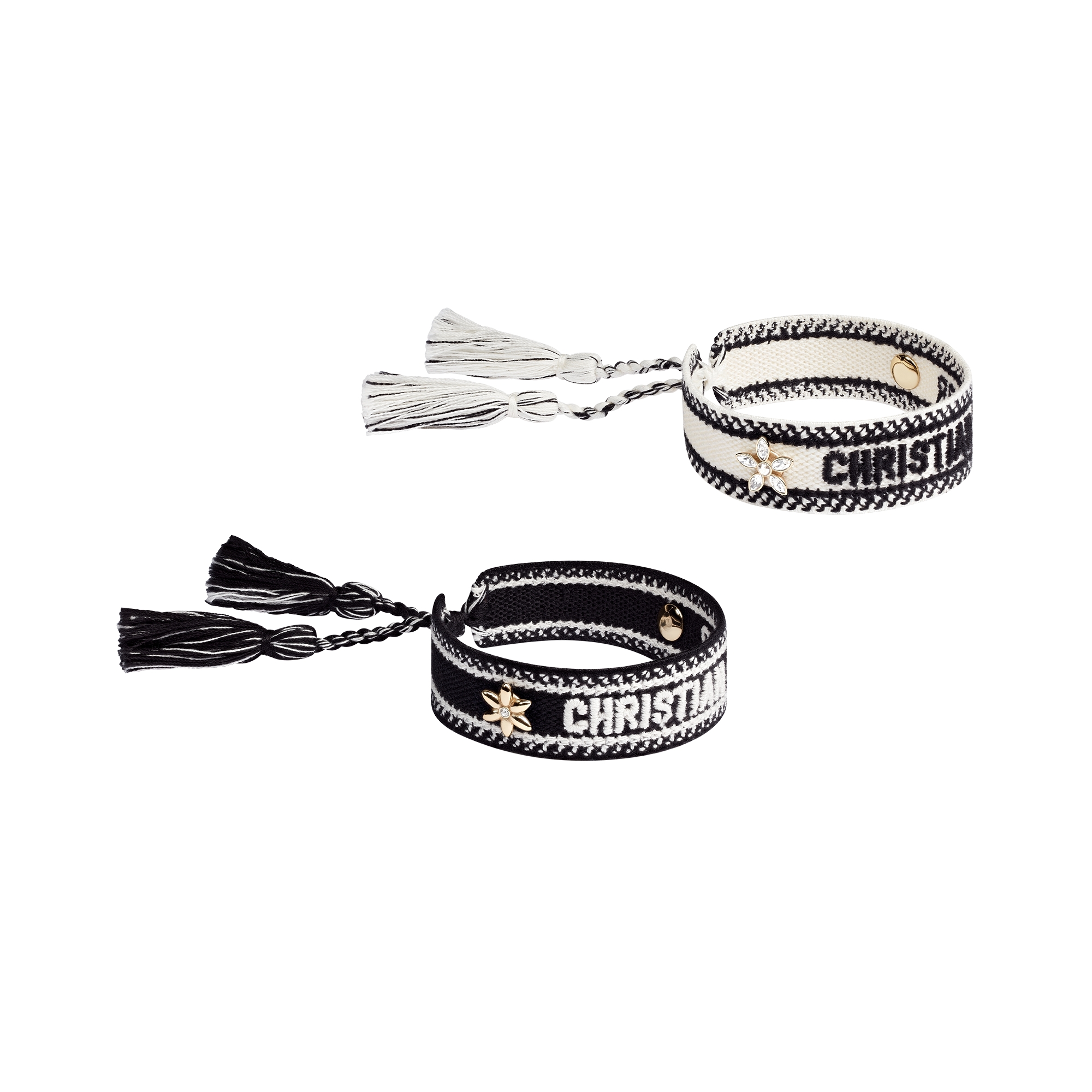 Christian Dior Bracelet Set Black and White Cotton, Gold-Finish Metal and Silver-Tone and Gold-Tone Crystals E01