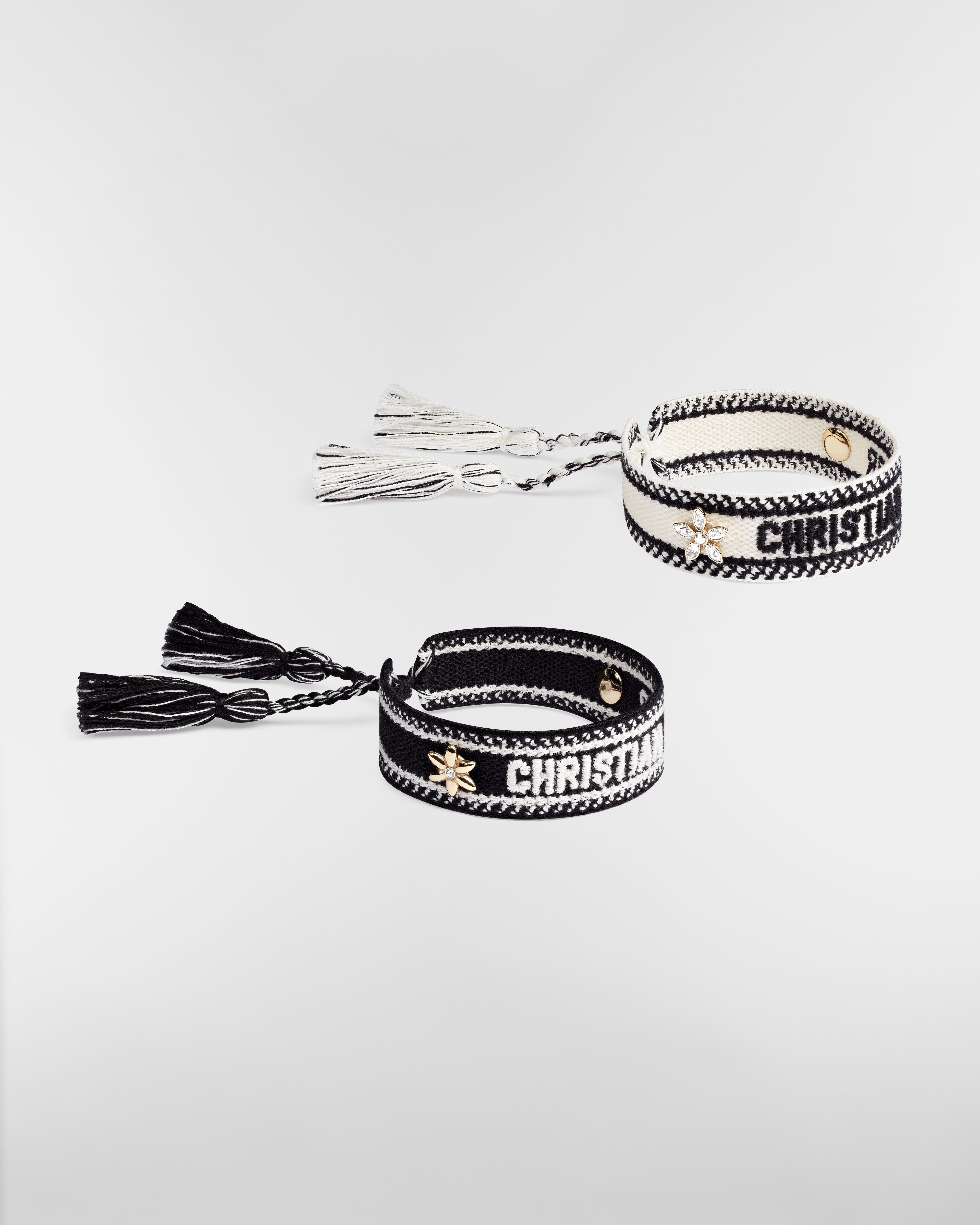 Christian Dior Armbandset Baumwolle in Schwarz und Weiß, Metall mit Gold-Finish und Kristalle in Silber- und Goldfarbe E01