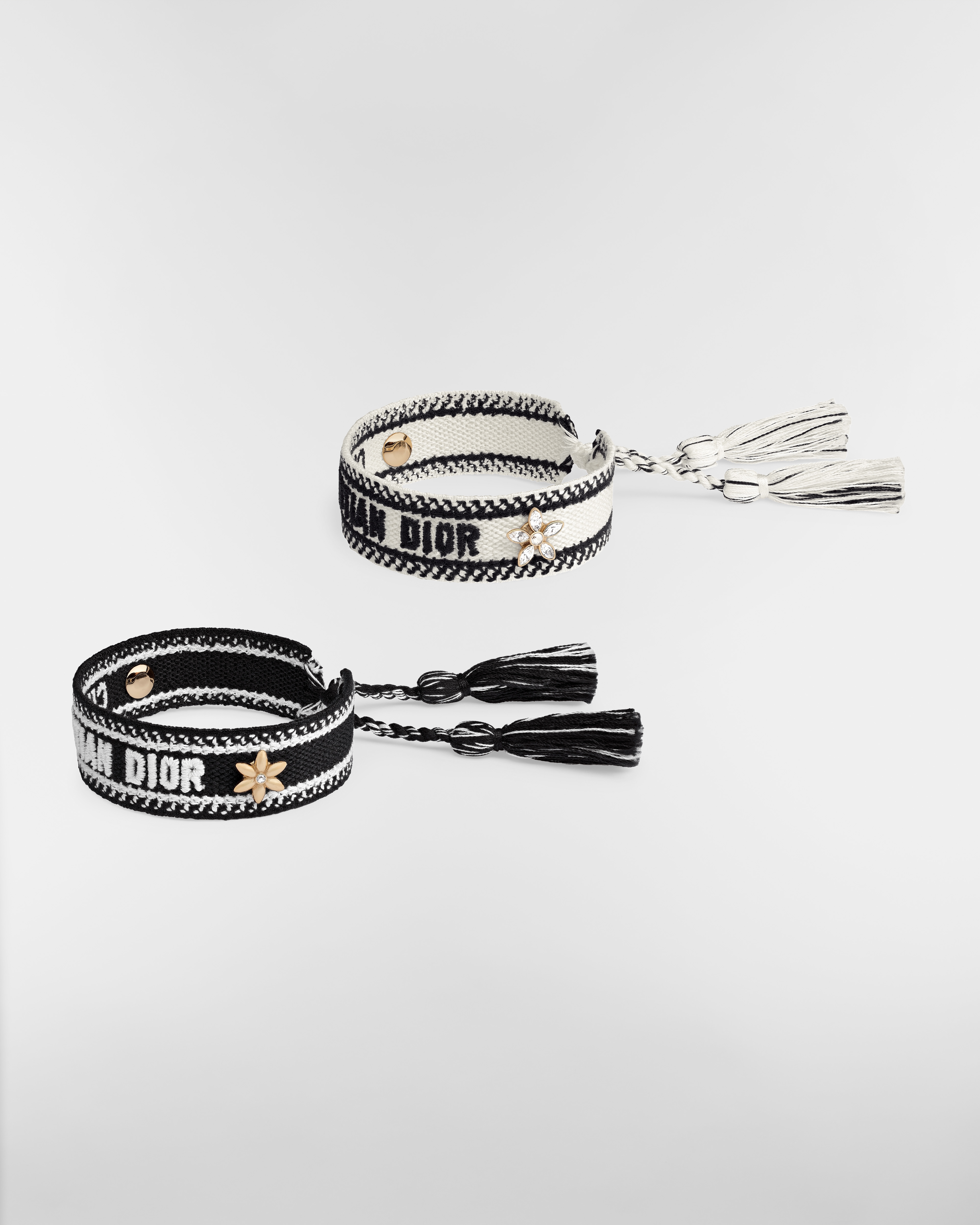 Christian Dior Armbandset Baumwolle in Schwarz und Weiß, Metall mit Gold-Finish und Kristalle in Silber- und Goldfarbe E03