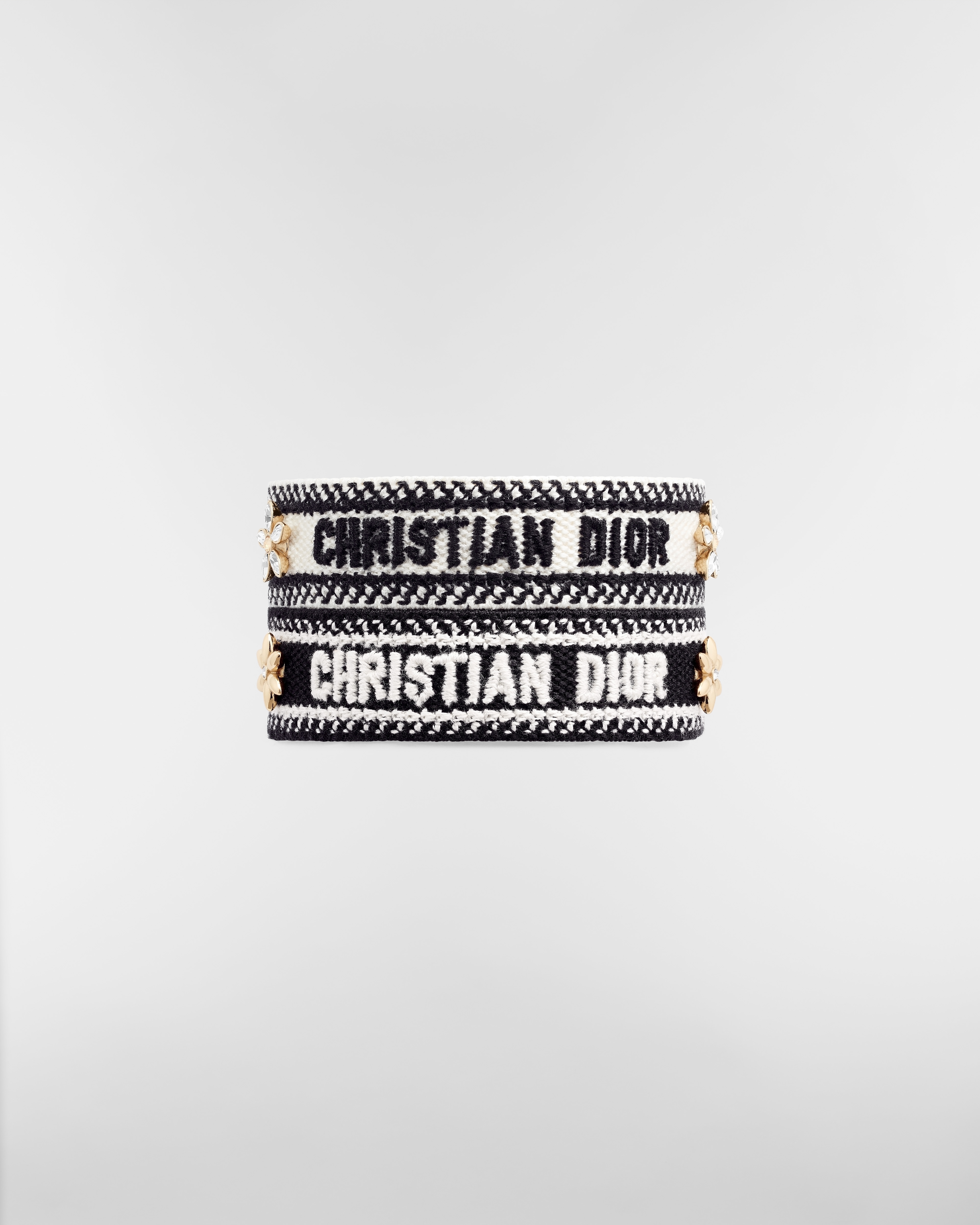 Conjunto de pulseras Christian Dior Algodón negro y blanco, metal dorado y cristales plateados y dorados E09