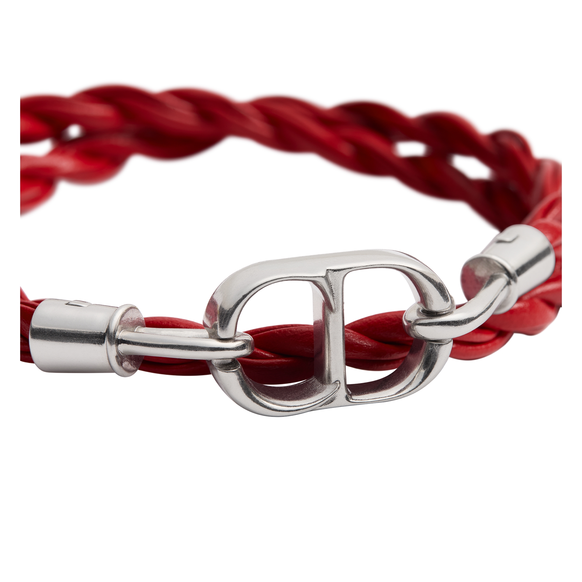 CD Icon Woven Leather Double Bracelet Red Calfskin and Silver-Finish Brass E09