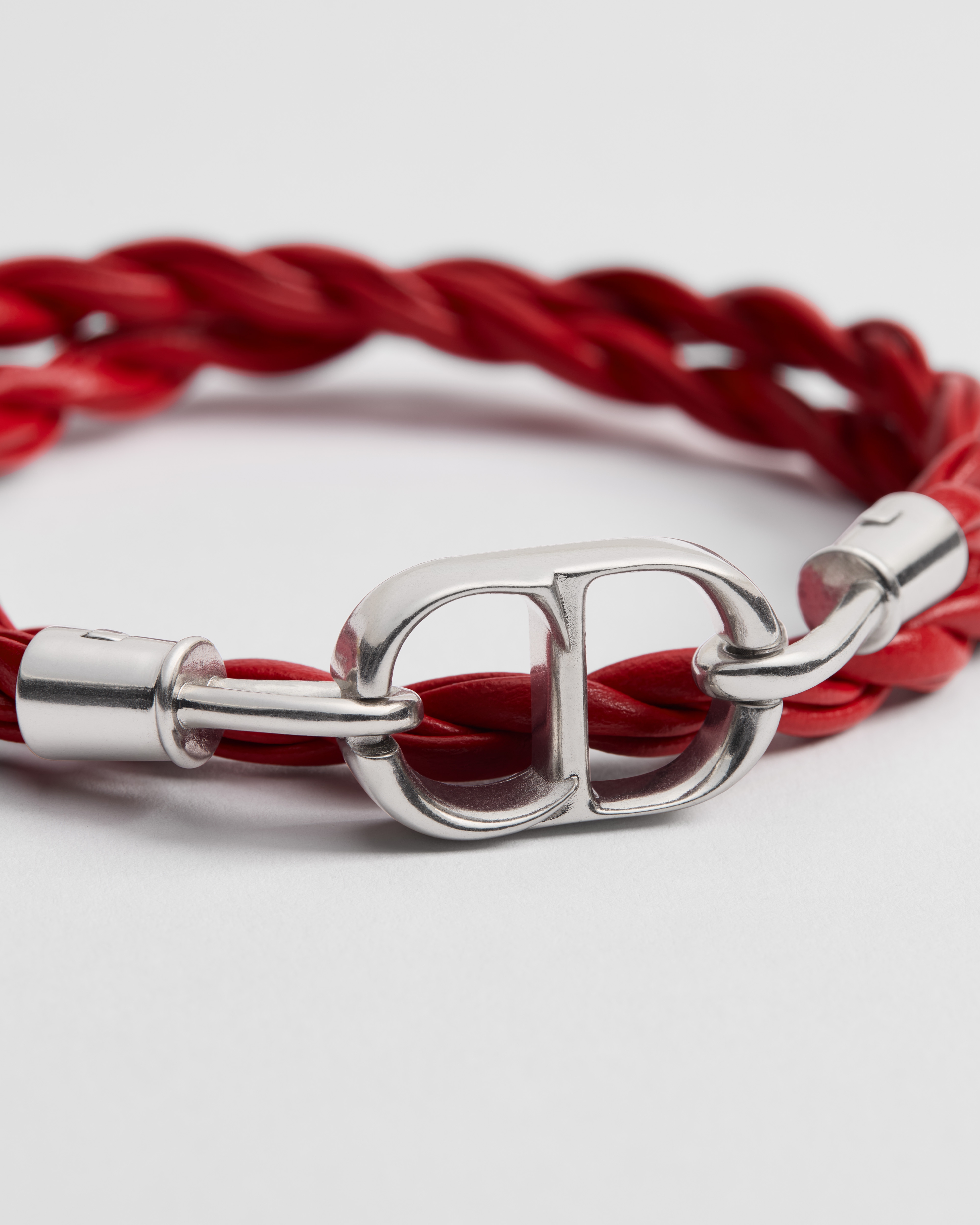 CD Icon Woven Leather Double Bracelet Red Calfskin and Silver-Finish Brass E09
