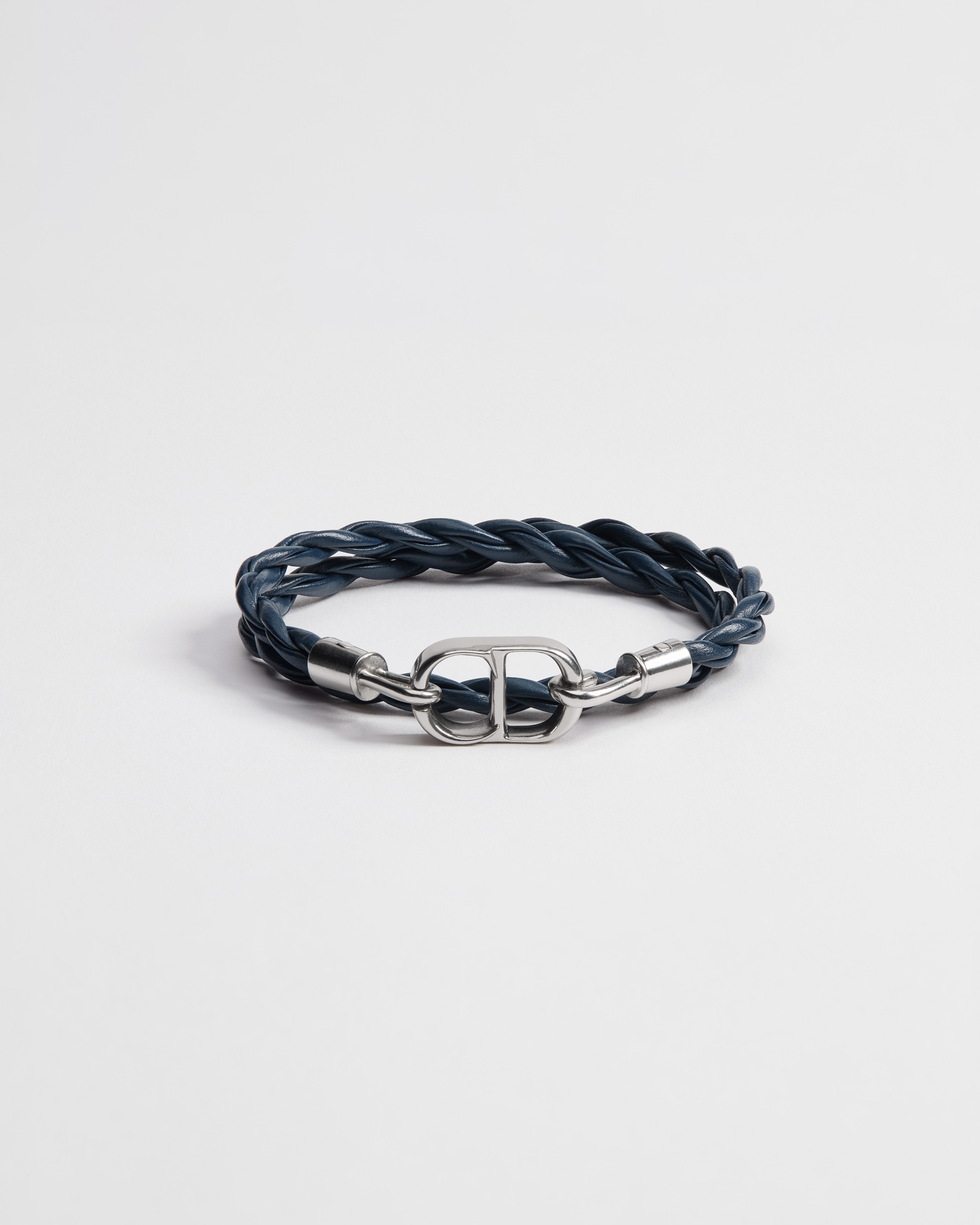 CD Icon Woven Leather Double Bracelet Navy Blue Calfskin and Silver-Finish Brass E01