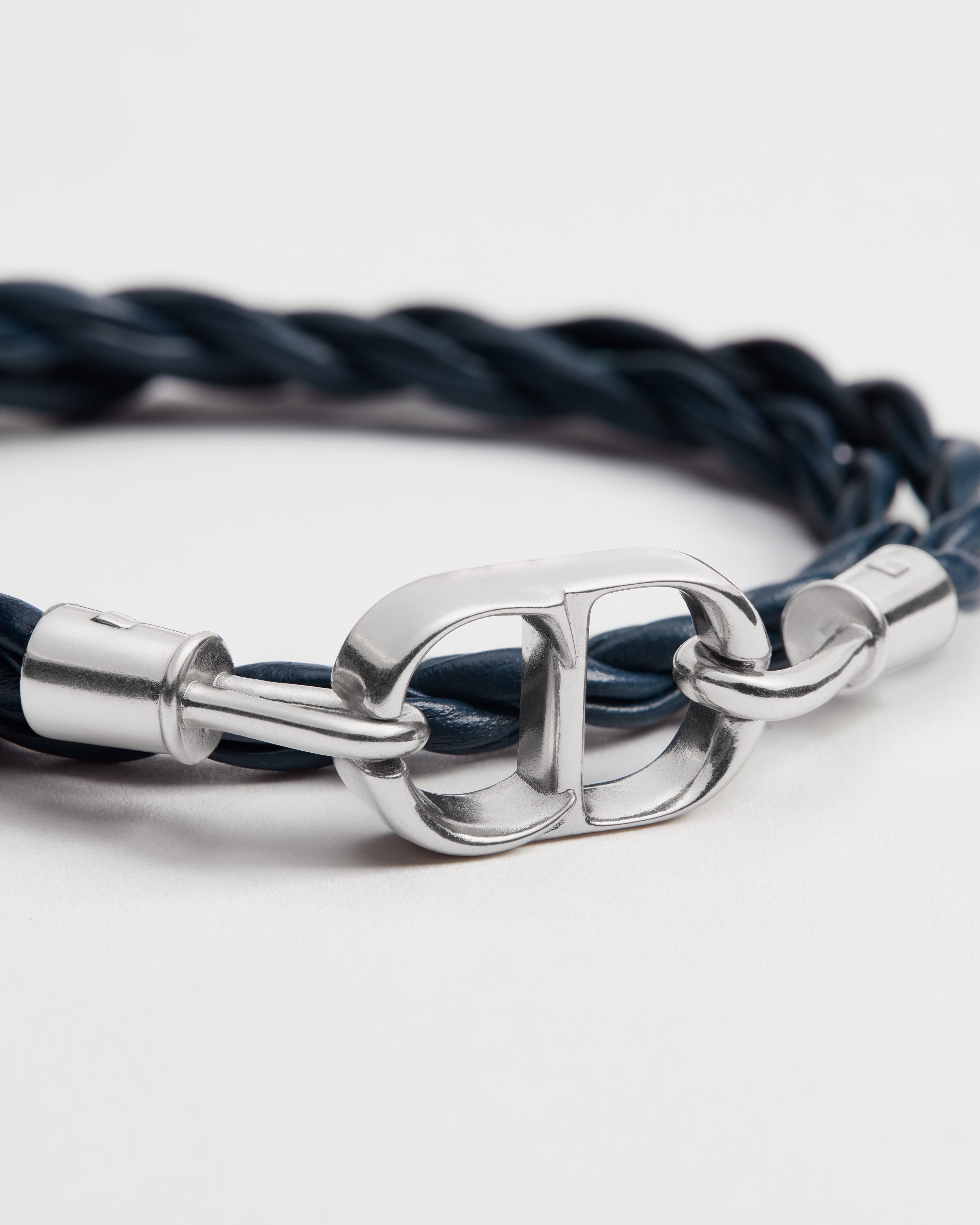CD Icon Woven Leather Double Bracelet Navy Blue Calfskin and Silver-Finish Brass E09