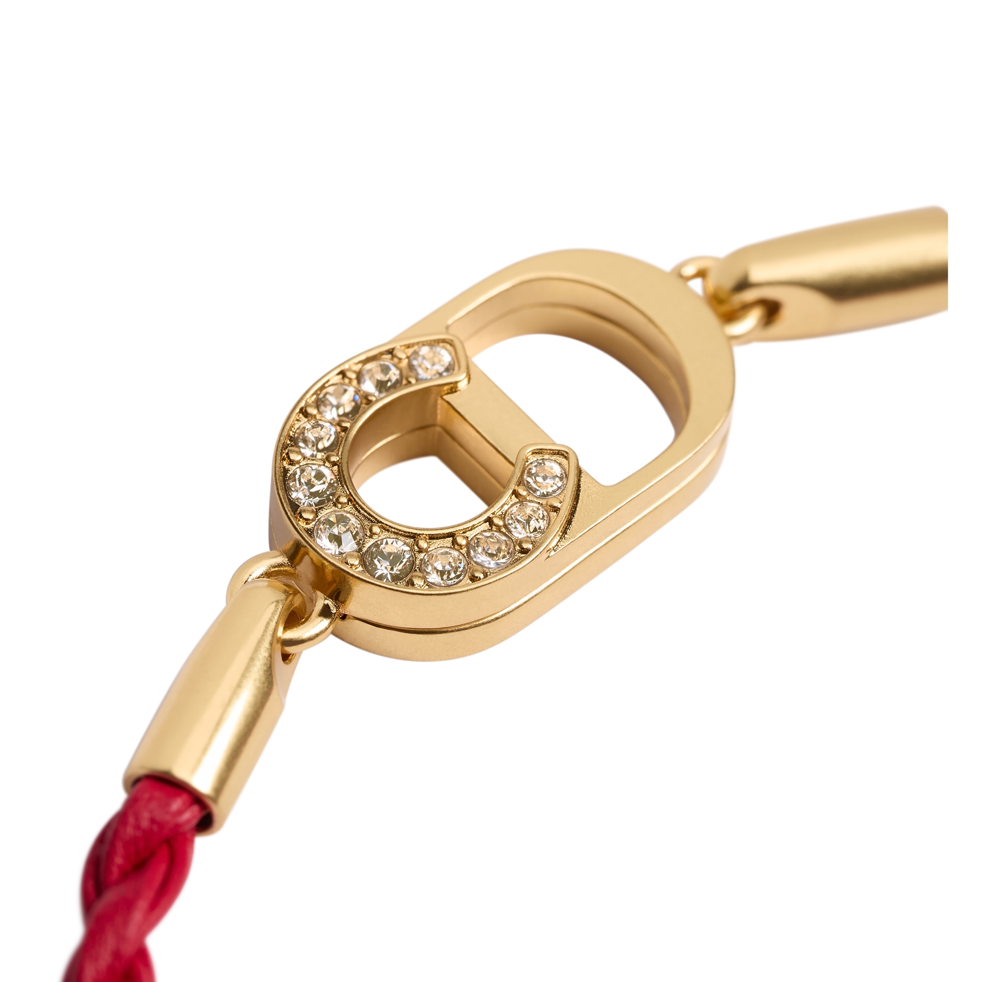 Lucky Dior Bracelet Gold-Finish Metal, White Crystals and Red Calfskin E09