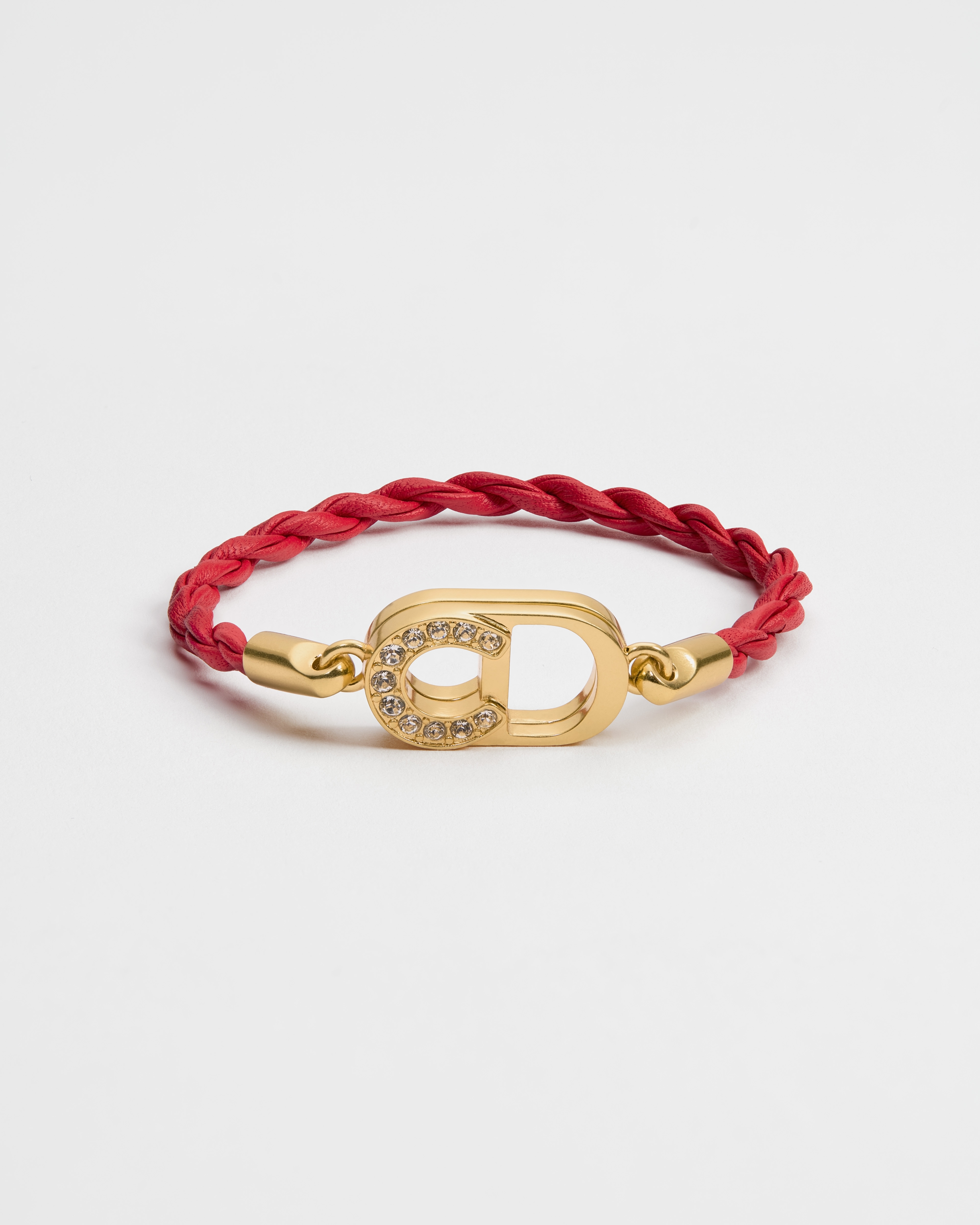 Lucky Dior Bracelet Gold-Finish Metal, White Crystals and Red Calfskin E01