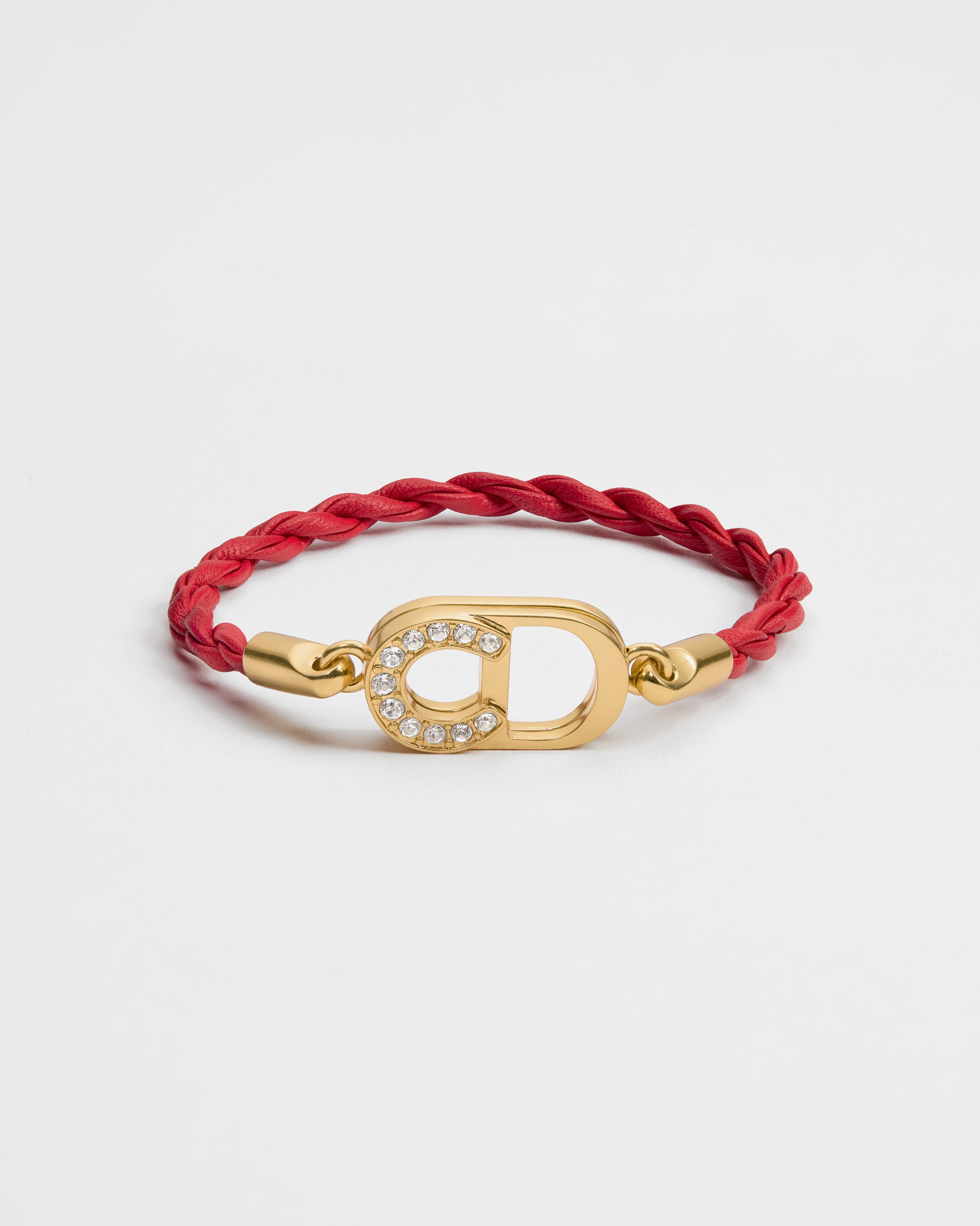 Lucky Dior-armband Metaal met goudkleurige afwerking, witte kristallen en rood kalfsleer E01
