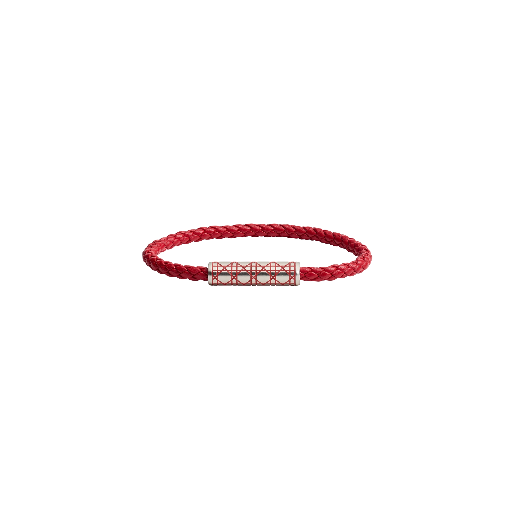 Cannage Woven Leather Bracelet Red Calfskin, Silver-Finish Brass
