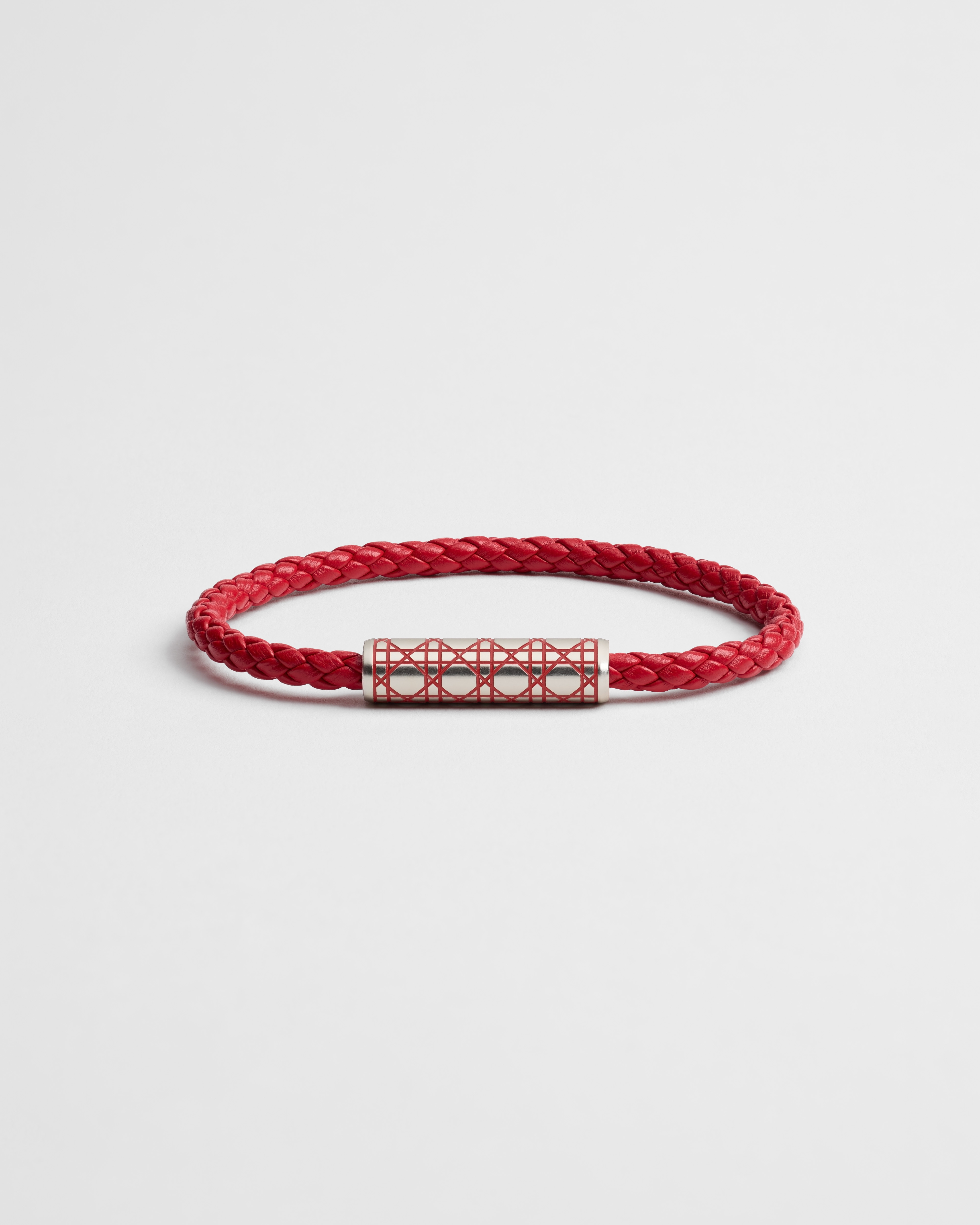 Cannage Woven Leather Bracelet Red Calfskin, Silver-Finish Brass and Red Lacquer E01
