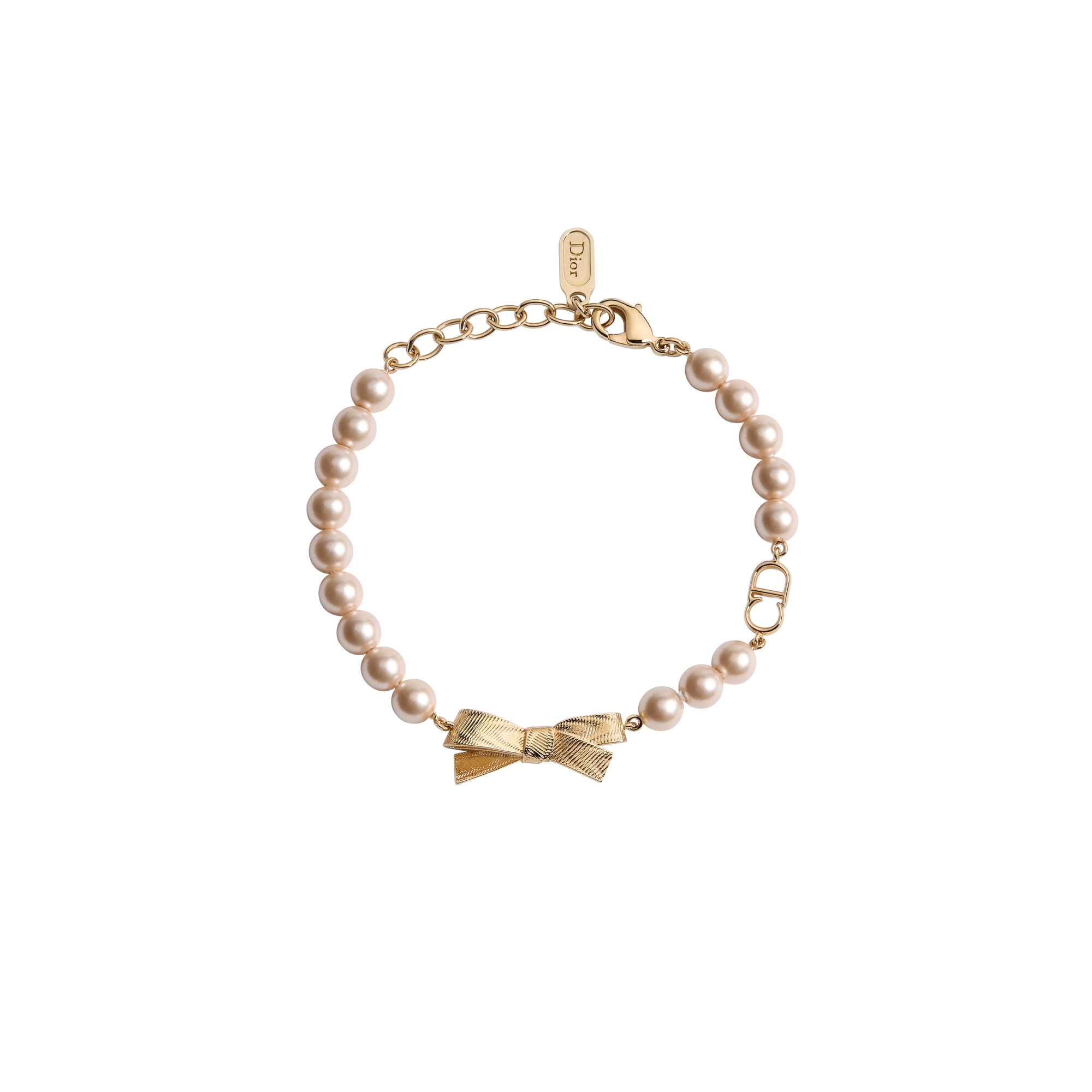 CD Bow Bracelet Gold-Finish Metal and Iridescent Pink Resin Pearls