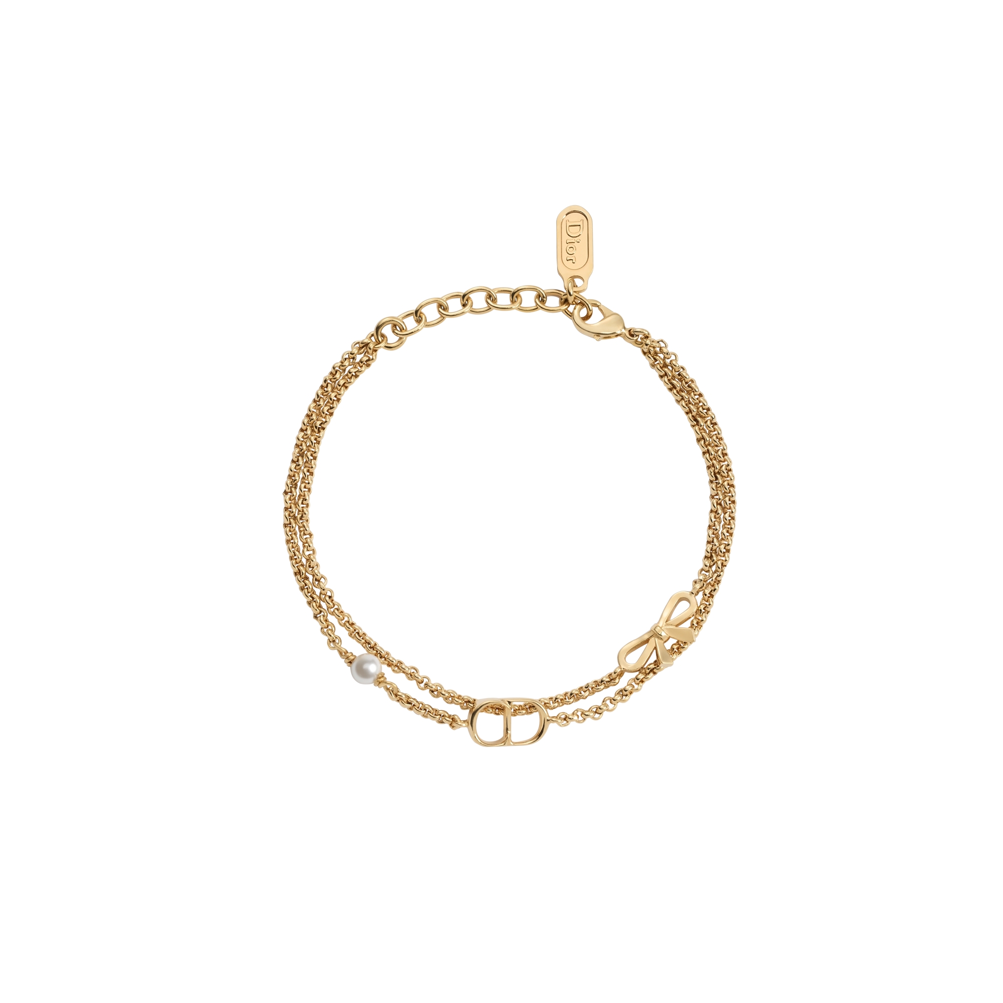 CD Mini Bow Bracelet Gold-Finish Metal and White Resin Pearl E01