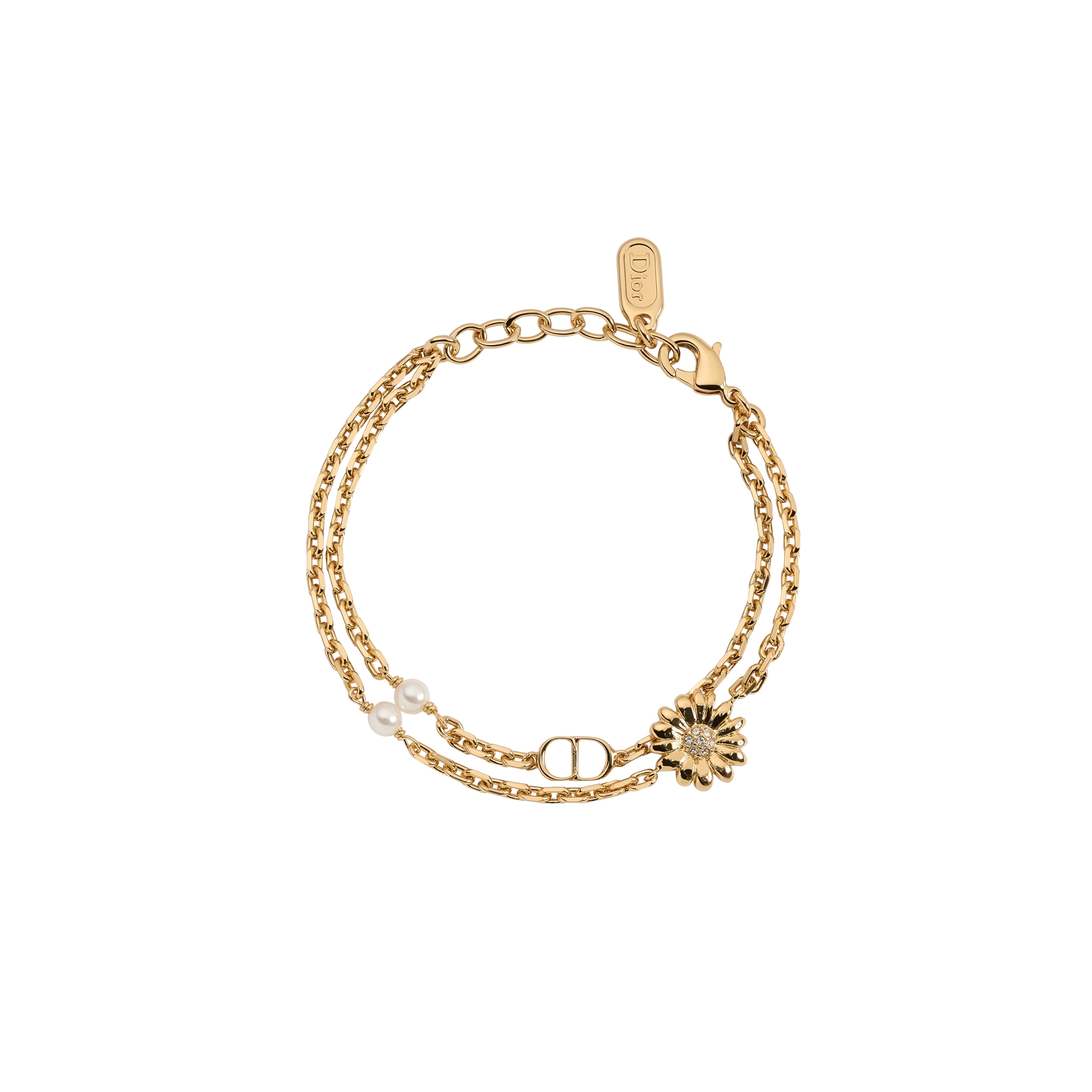 CD Multi Flowers Bracelet Gold-Finish Metal, White Resin Pearls and Crystals E01