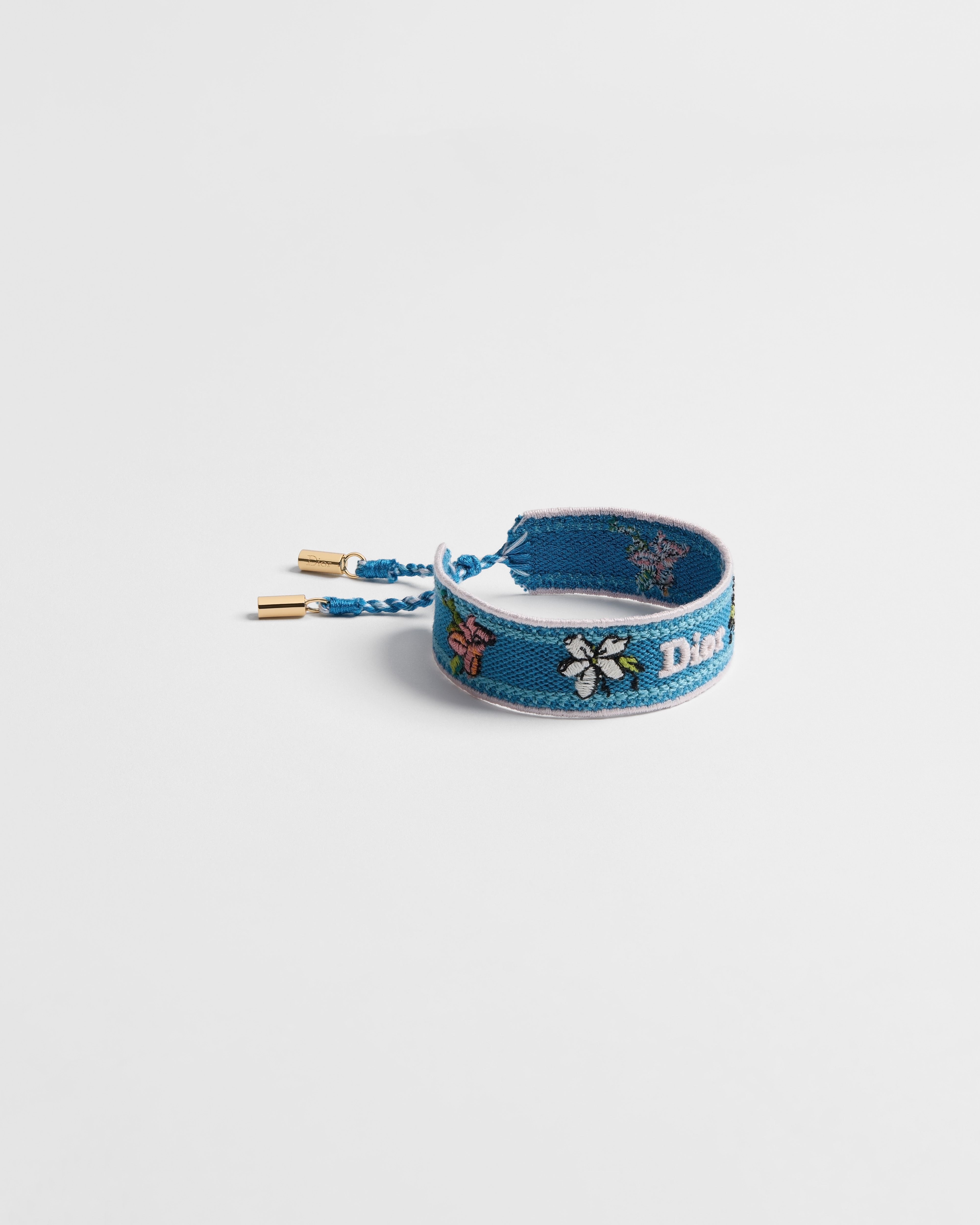 Bracelet Dior Band Dioriviera Coton bleu et rose brodé du motif Brush & Bloom et métal finition dorée E01