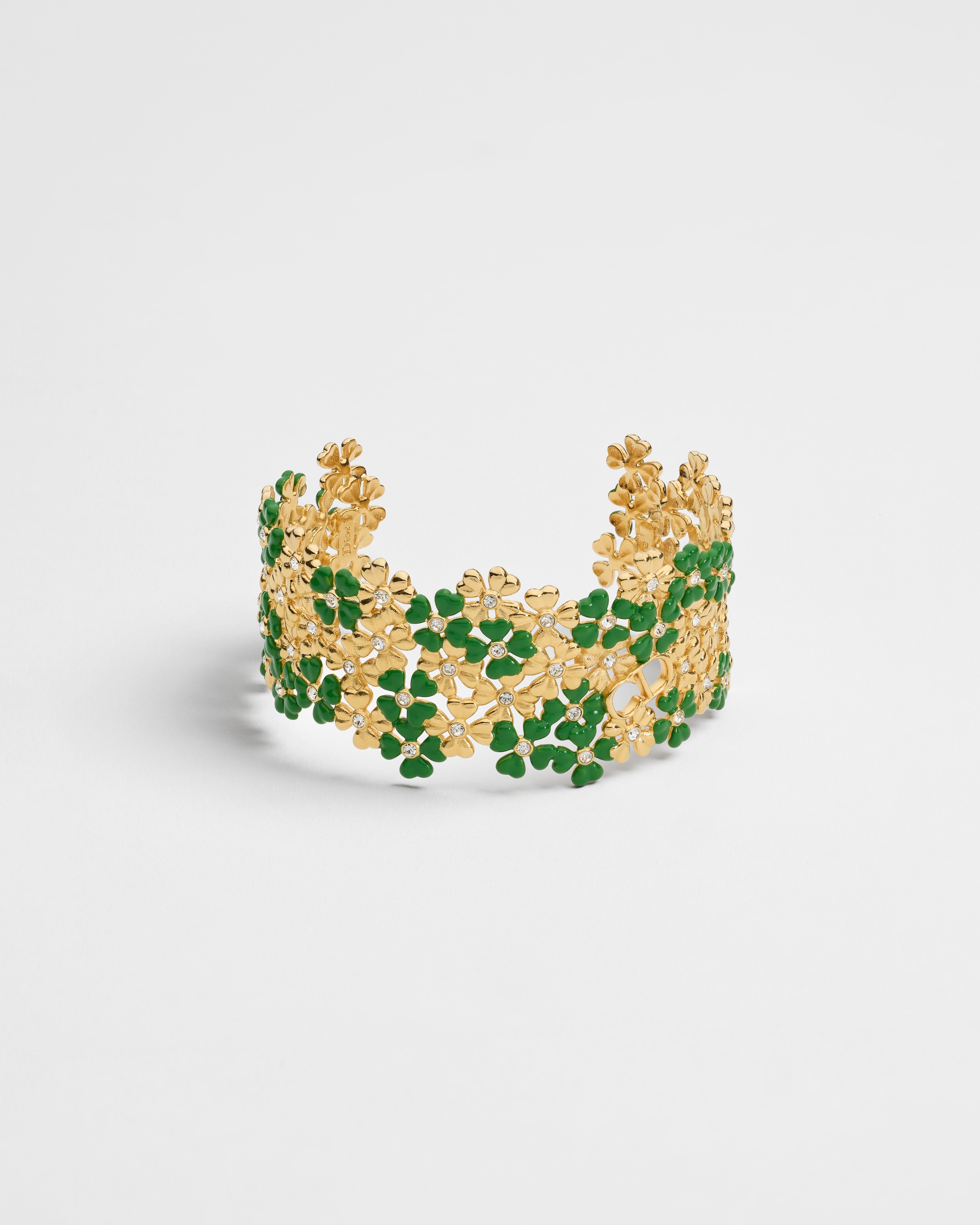 Bracelet manchette Dior Clover Garden Métal finition dorée, cristaux et laque Clover Lucky Green E01
