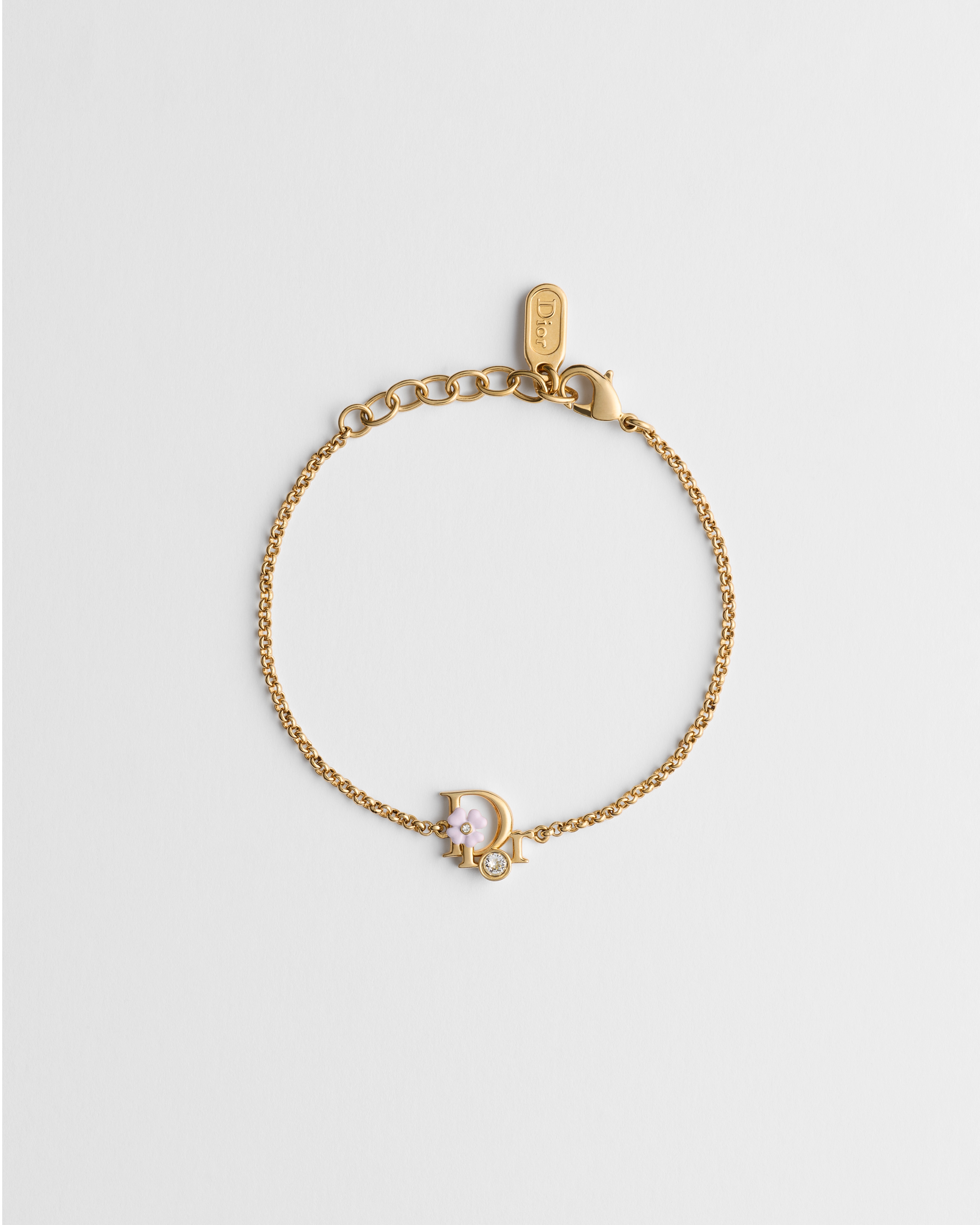 Pulseira Dior Precious Clover Metal com acabamento dourado, cristais e laca rosa E01