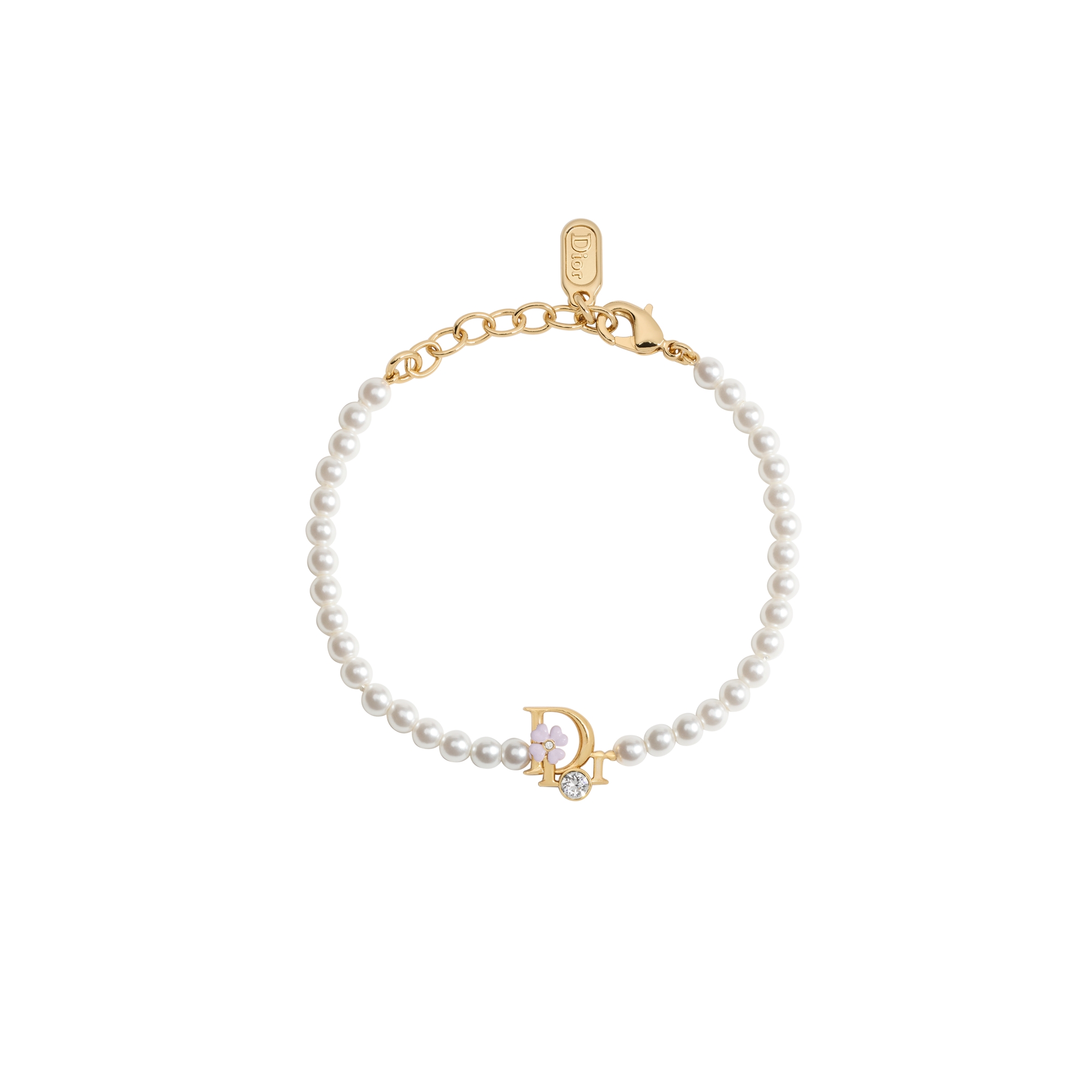 Dior Precious Clover Bracelet Gold-Finish Metal, White Resin Pearls, Crystal and Pink Lacquer E01