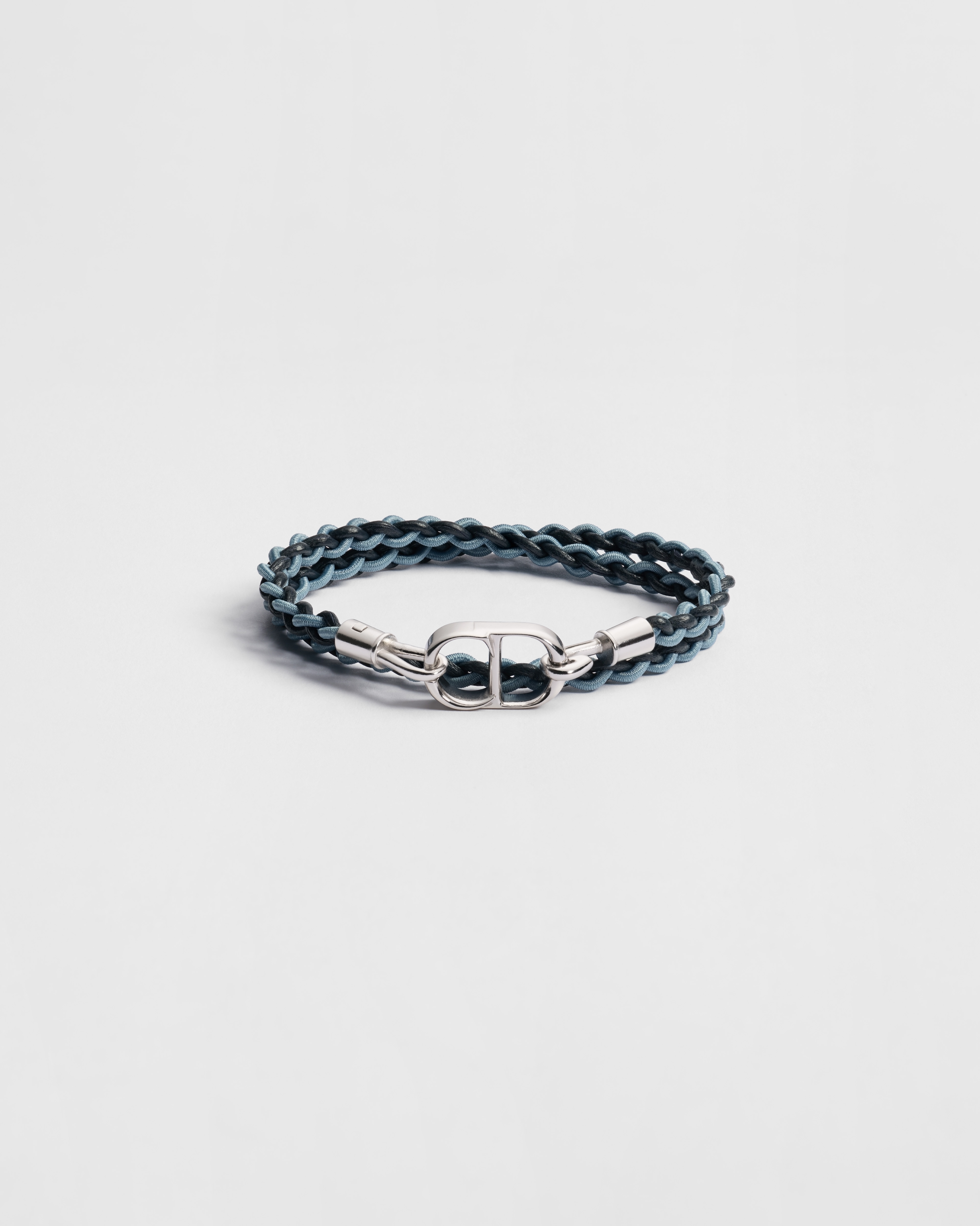 CD Icon Braided Double Bracelet Navy Blue Lambskin, Blue Technical Fabric and Silver-Finish Brass E01