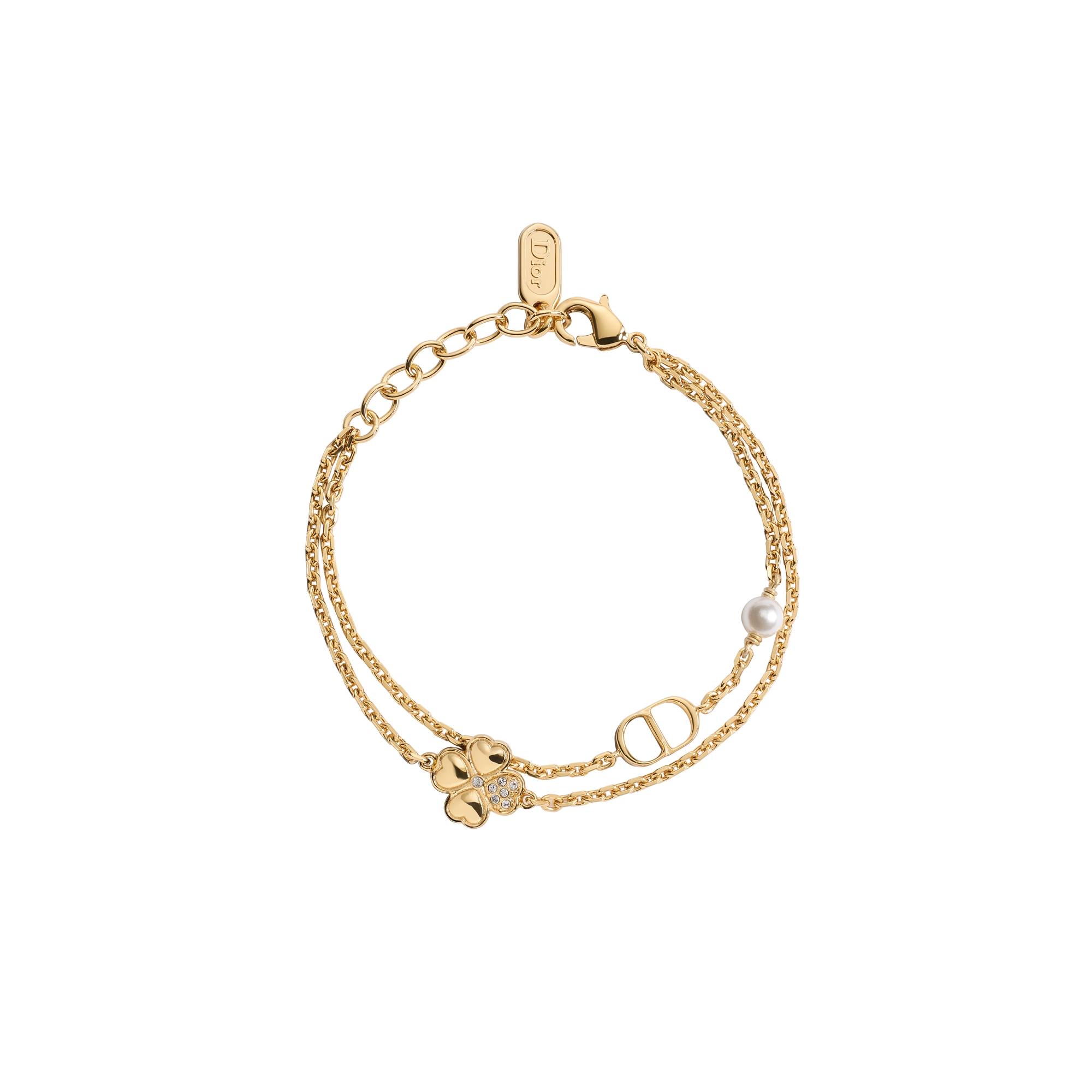 CD Pearly Clover Double Bracelet Gold-Finish Metal, White Resin Pearl and Crystals E01