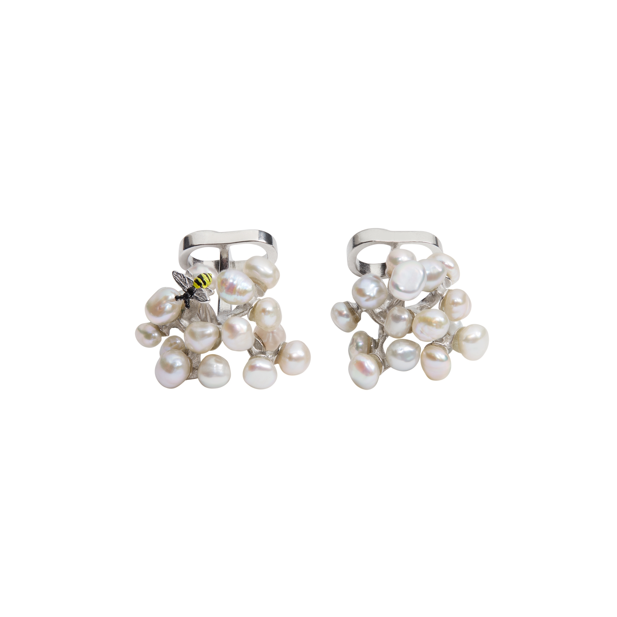 Dior Flower Bee Cufflinks Silver and Freshwater Pearls with Yellow and Black Lacquer E01