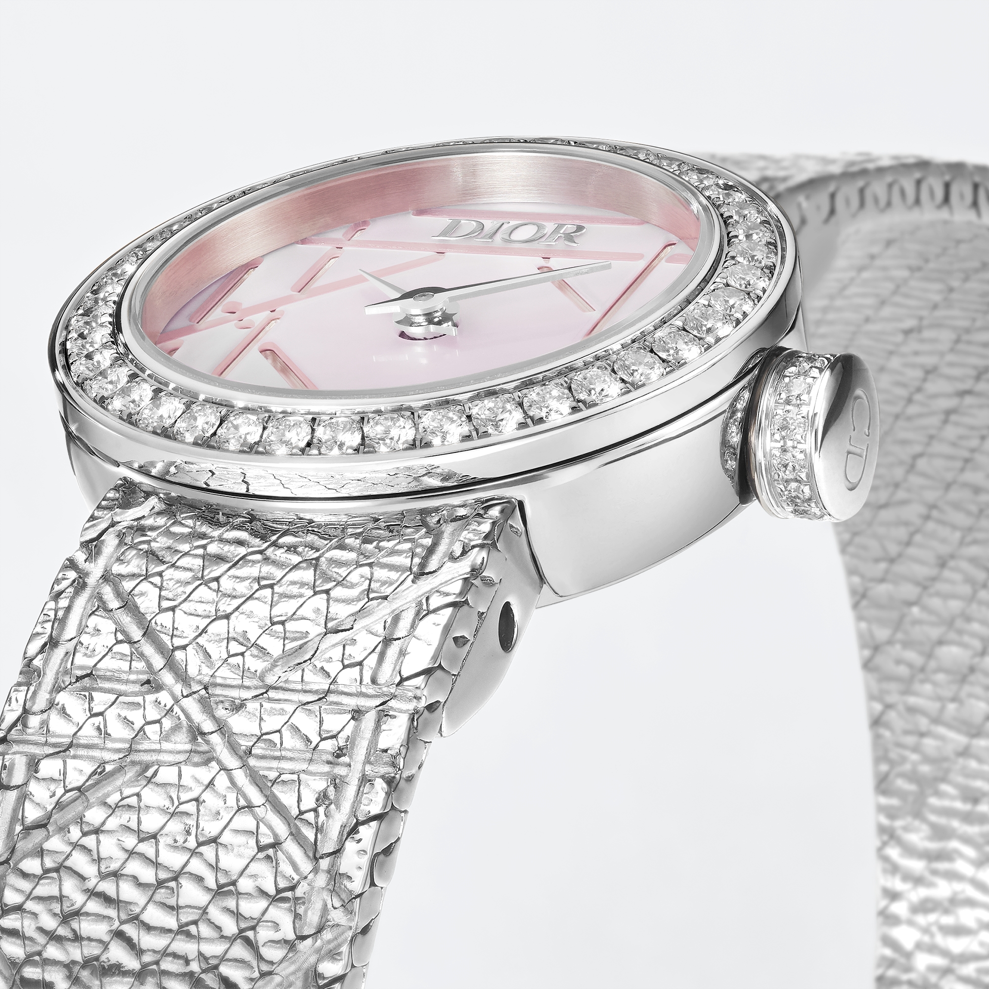 La Mini D My Dior Ø 19 mm, acier, nacre rose et diamants E03