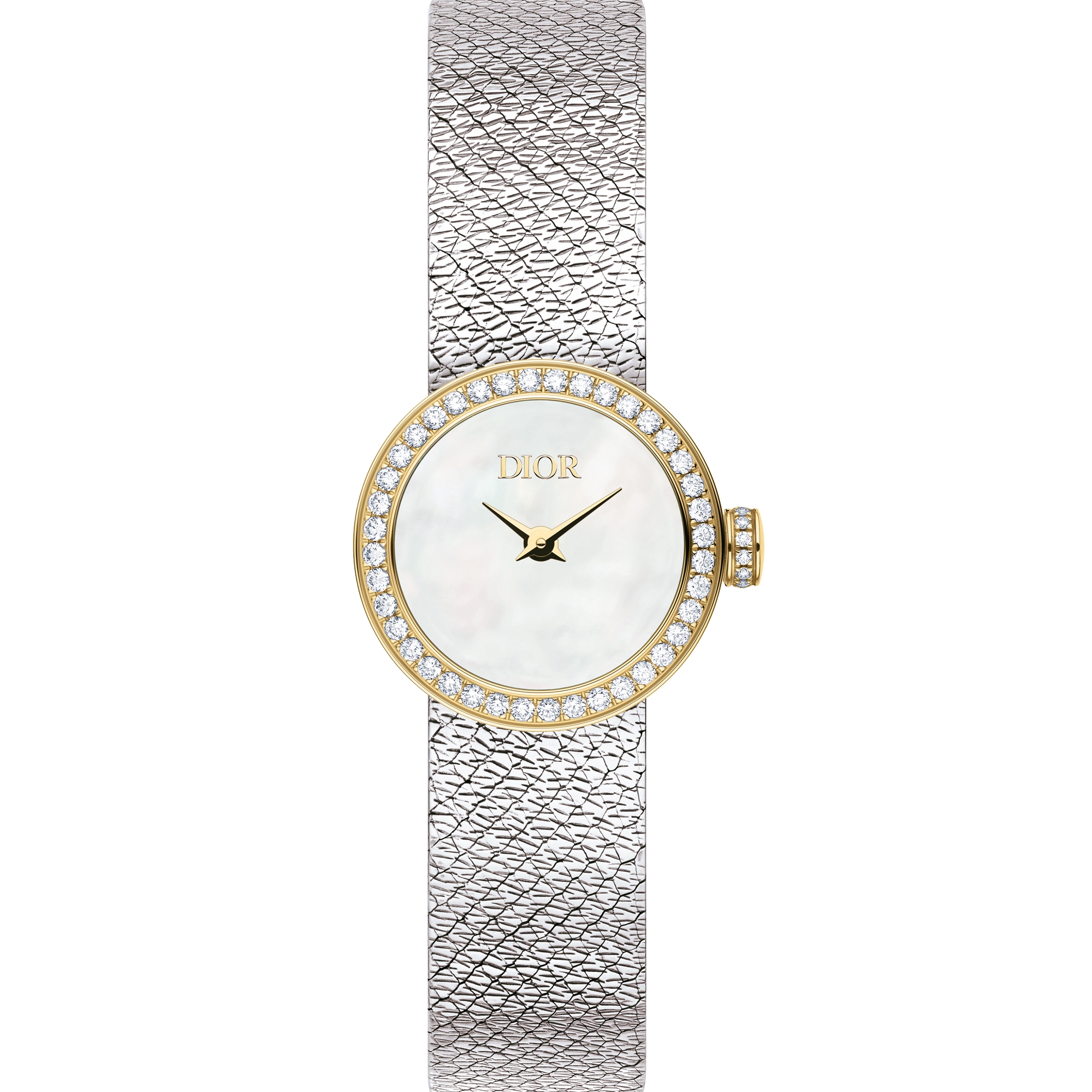 La Mini D de Dior Satine Ø 19 mm, staal, geelgoud, wit parelmoer en diamanten E06