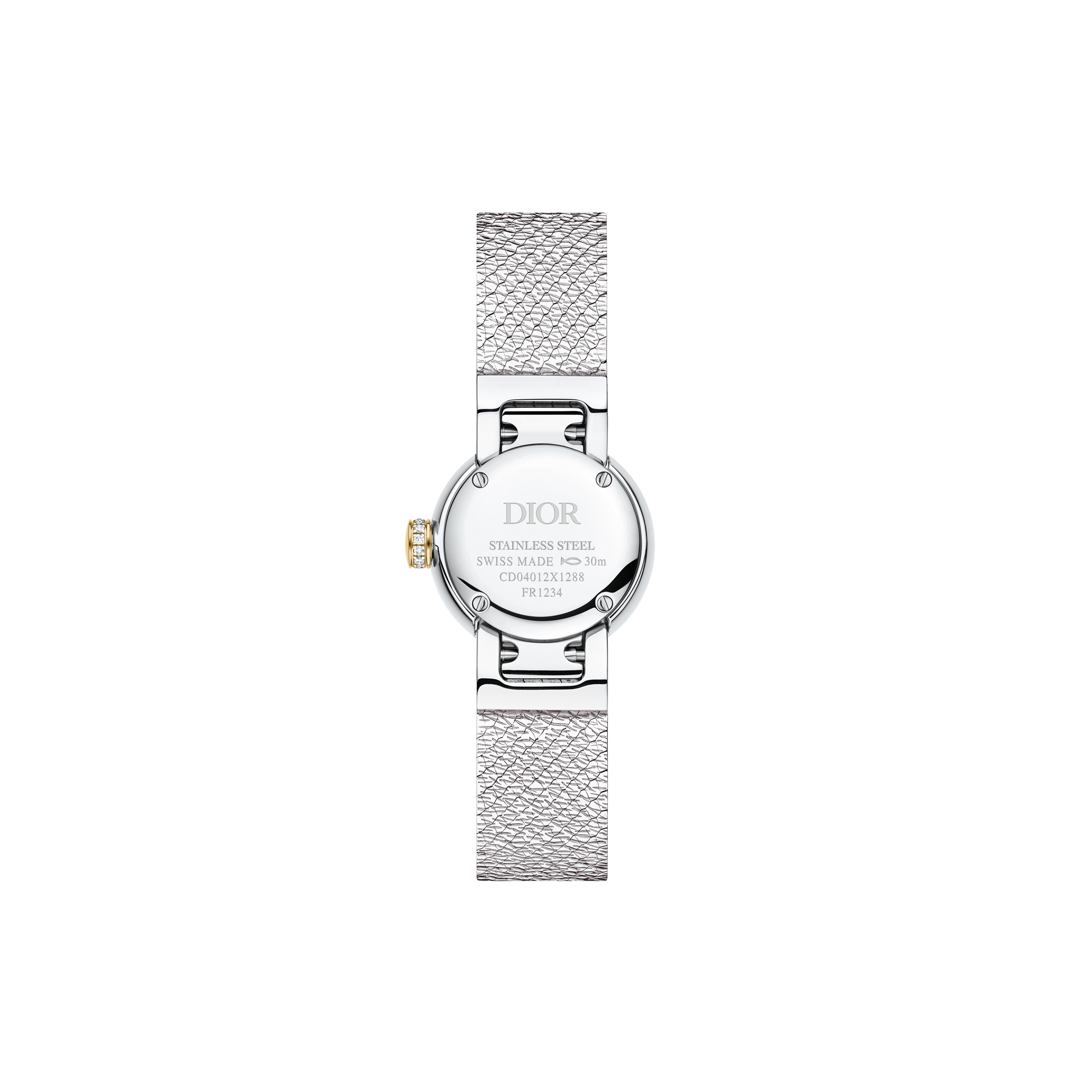 La Mini D de Dior Satine Ø 19 mm, staal, geelgoud, wit parelmoer en diamanten E07