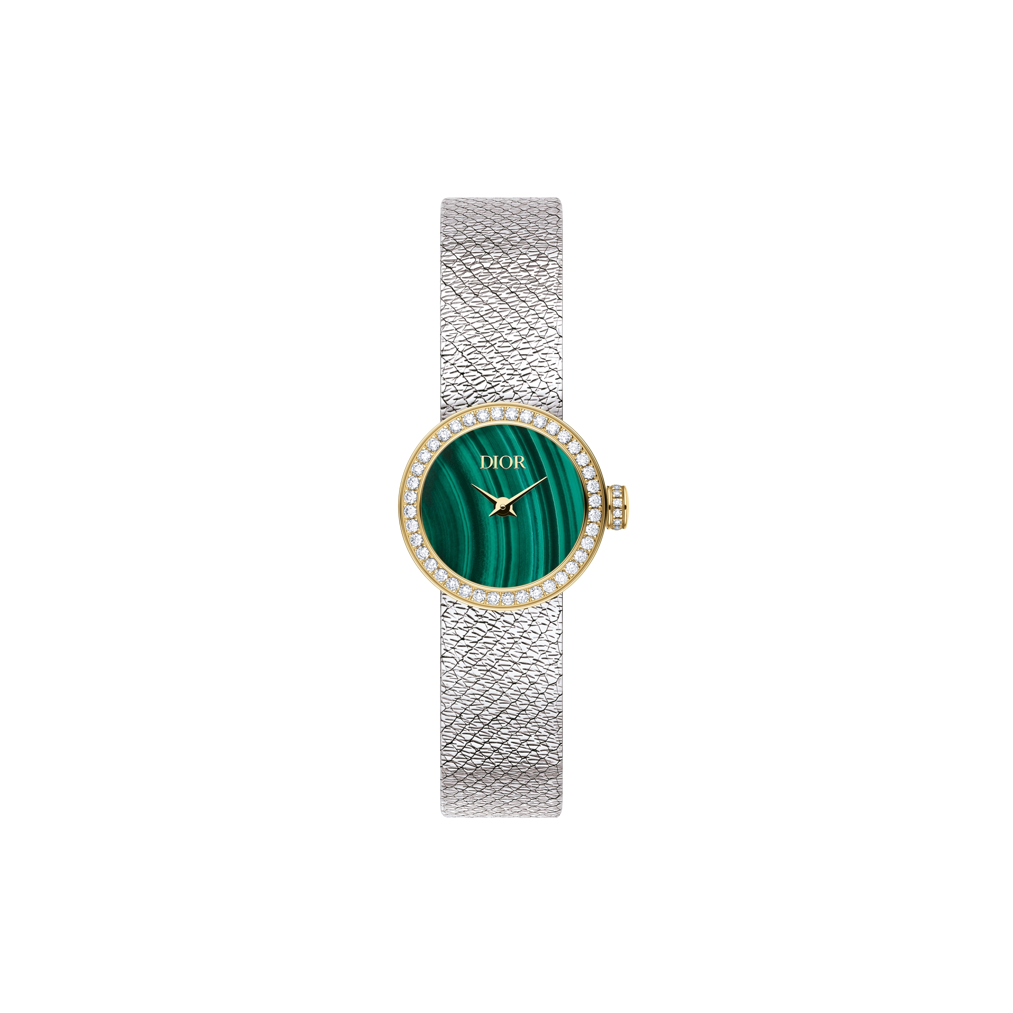 La Mini D de Dior Satine Ø 19 mm, Steel, Yellow Gold, Malachite and Diamonds E01