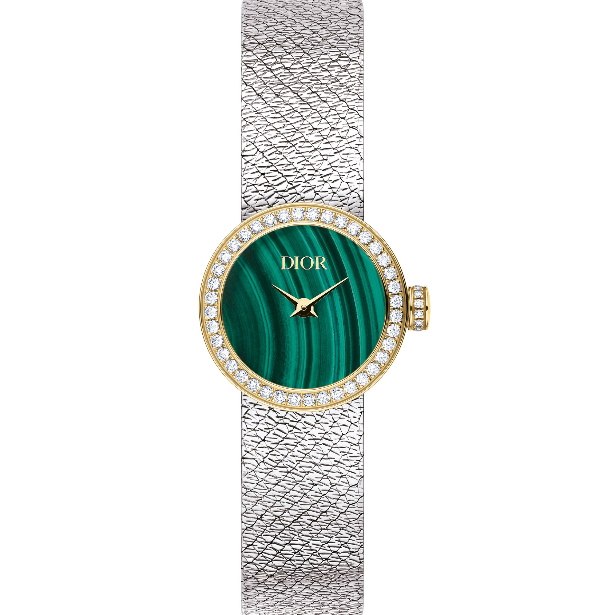 La Mini D de Dior Satine Ø 19 mm, Steel, Yellow Gold, Malachite and Diamonds E06