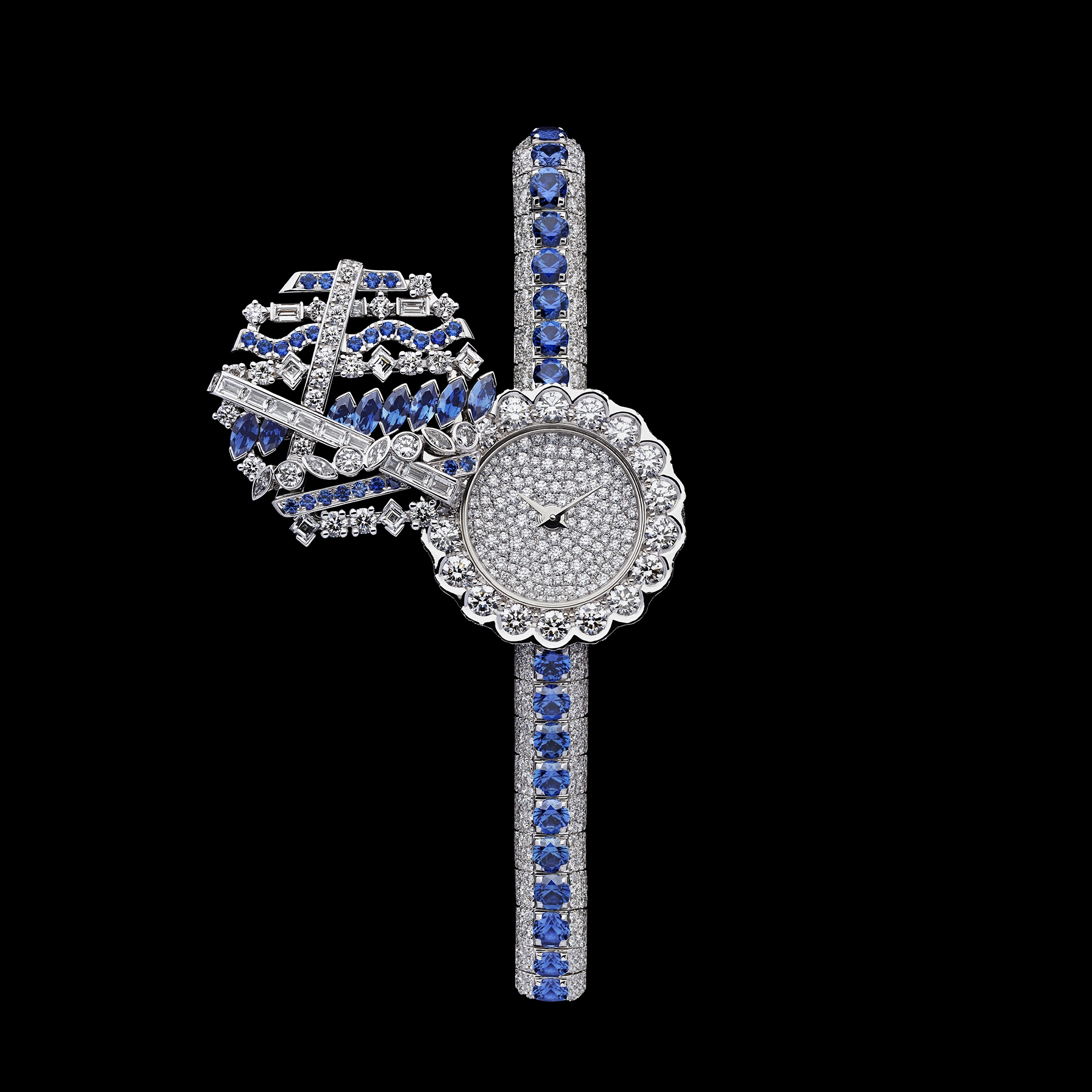 La D de Dior Précieuse à Secret Galons Ø 21 mm, white gold, diamonds and sapphires E03