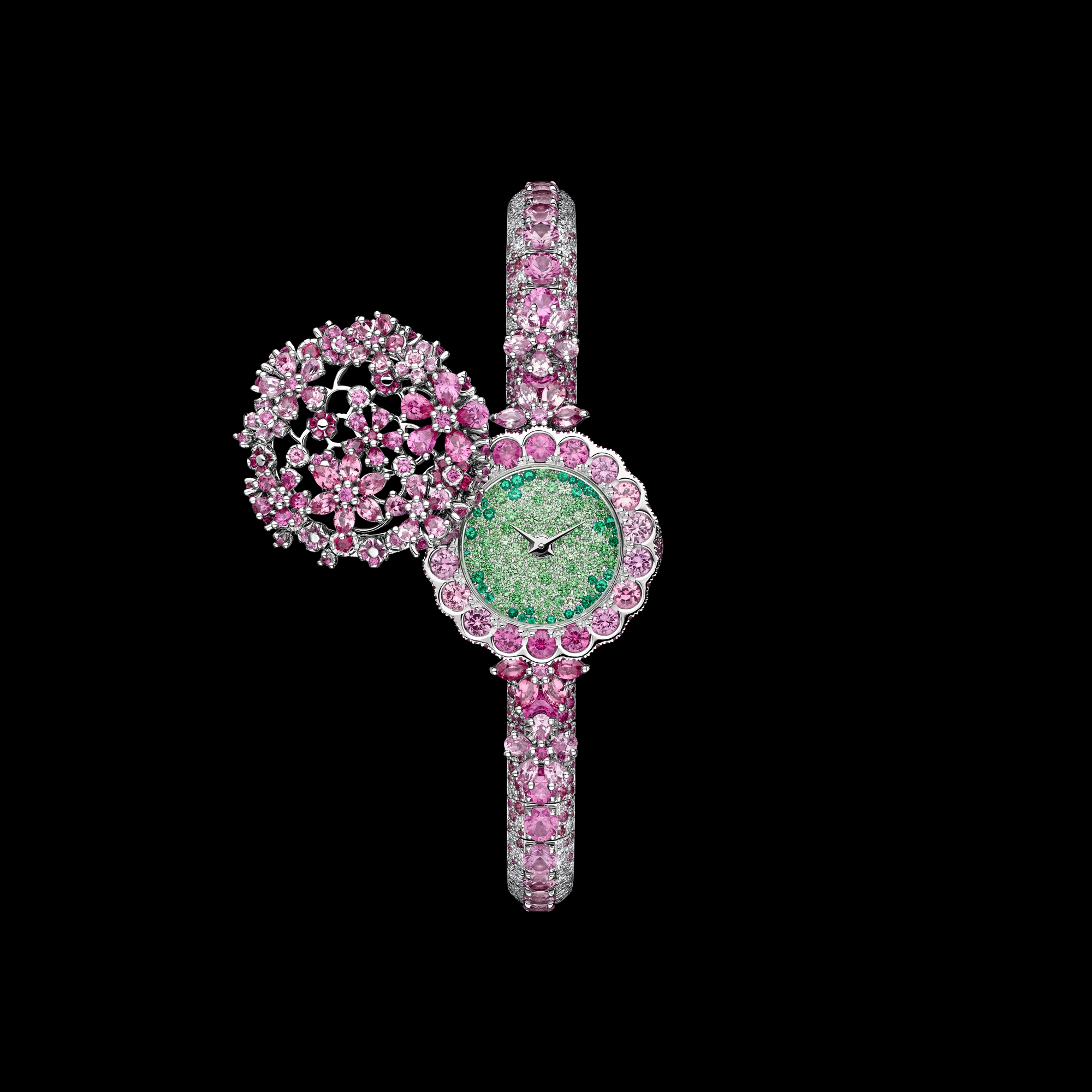 La D de Dior Précieuse à Secret Les Jardins de la Couture N°1 Ø 21 MM, White Gold, Diamonds, Pink Sapphires, Spinels, Rubies, Tsavorites and Emeralds E01