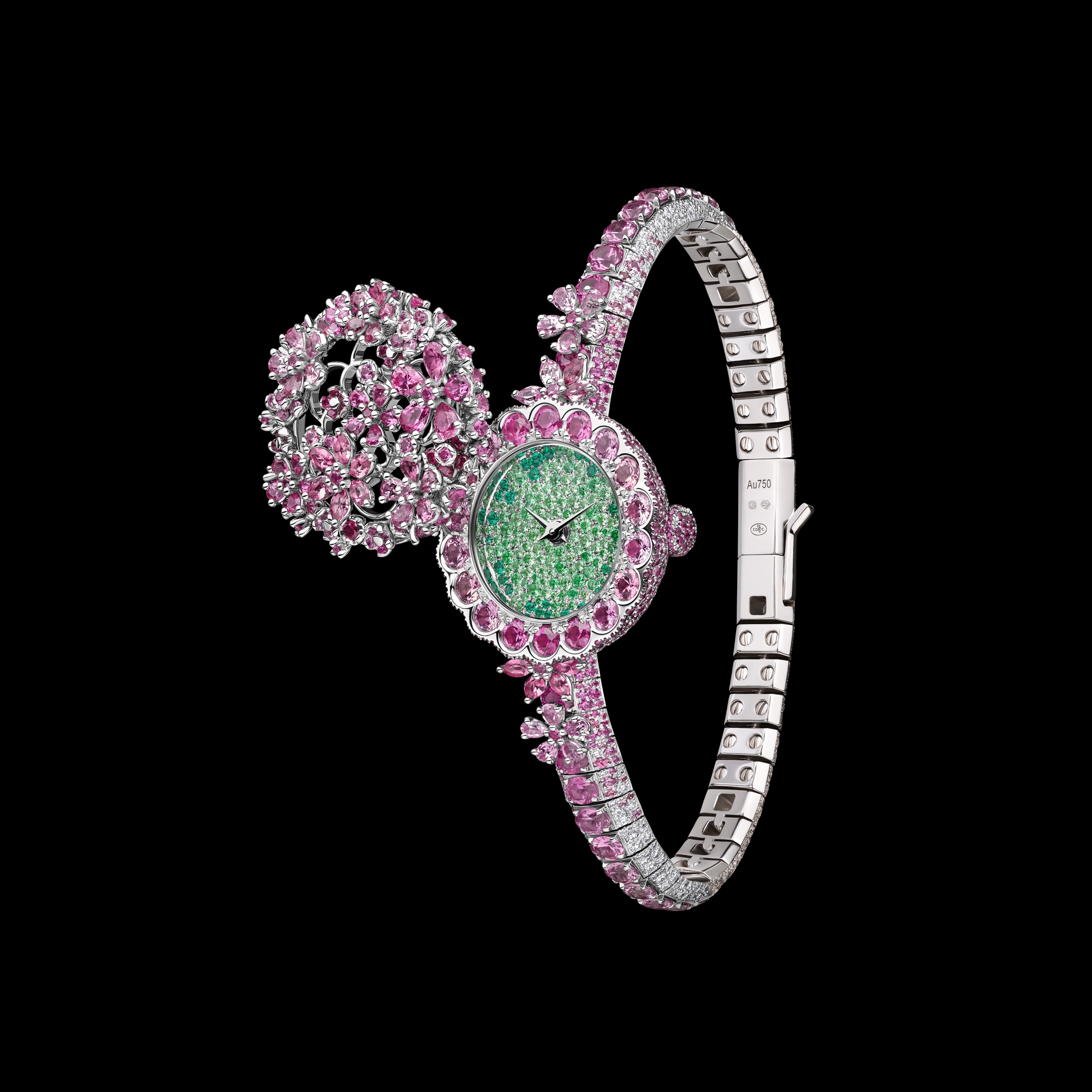 La D de Dior Précieuse à Secret Les Jardins de la Couture N°1 Ø 21 MM, White Gold, Diamonds, Pink Sapphires, Spinels, Rubies, Tsavorites and Emeralds E04
