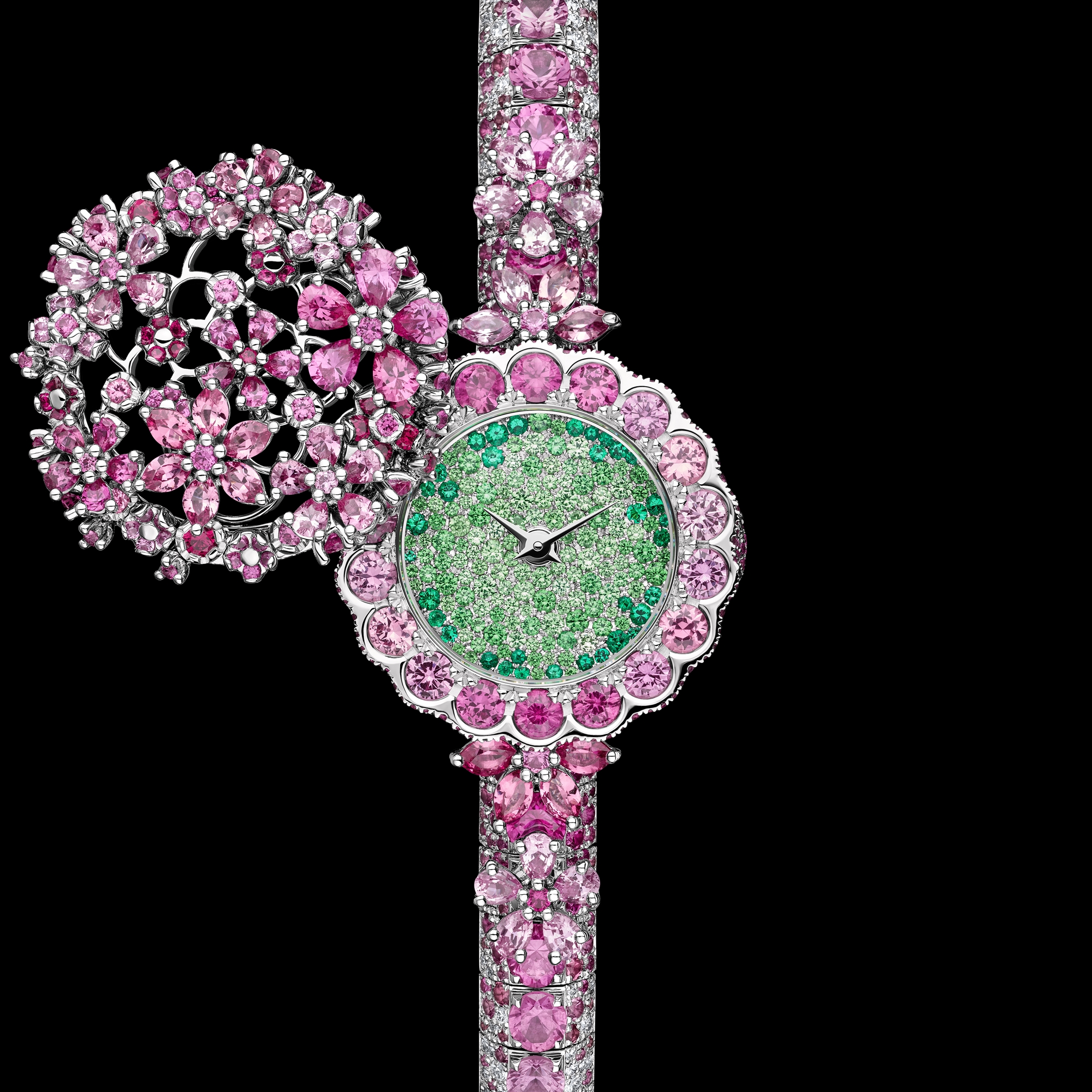 La D de Dior Précieuse à Secret Les Jardins de la Couture N°1 Ø 21 MM, White Gold, Diamonds, Pink Sapphires, Spinels, Rubies, Tsavorites and Emeralds E05