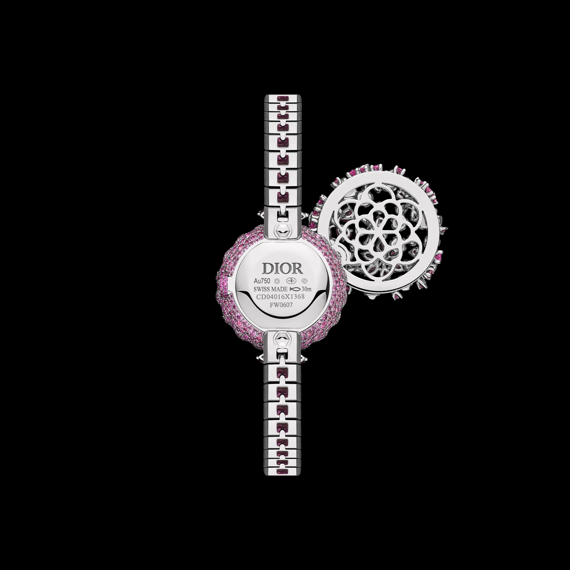 La D de Dior Précieuse à Secret Les Jardins de la Couture N°1 Ø 21 MM, White Gold, Diamonds, Pink Sapphires, Spinels, Rubies, Tsavorites and Emeralds E06