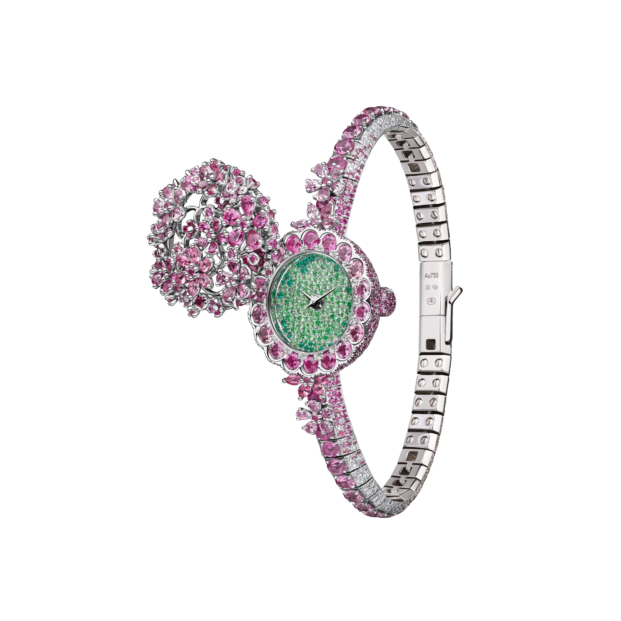 La D de Dior Précieuse à Secret Les Jardins de la Couture N°1 Ø 21 MM, White Gold, Diamonds, Pink Sapphires, Spinels, Rubies, Tsavorites and Emeralds E11
