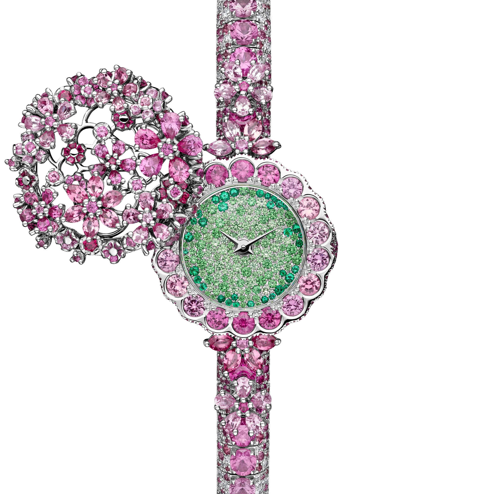 La D de Dior Précieuse à Secret Les Jardins de la Couture N°1 Ø 21 MM, White Gold, Diamonds, Pink Sapphires, Spinels, Rubies, Tsavorites and Emeralds E12